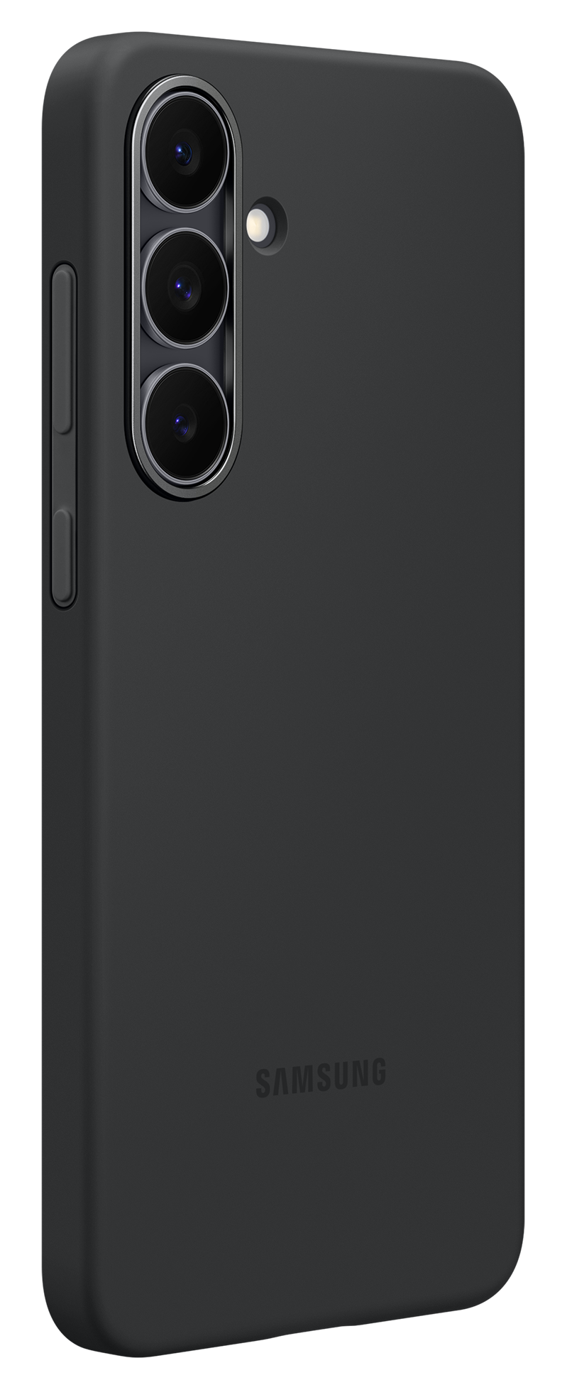 Czarny futerał na telefon z trzema obiektywami aparatu i lampą błyskową. Widoczne logo Samsung. Futerał jest na czarnym tle.