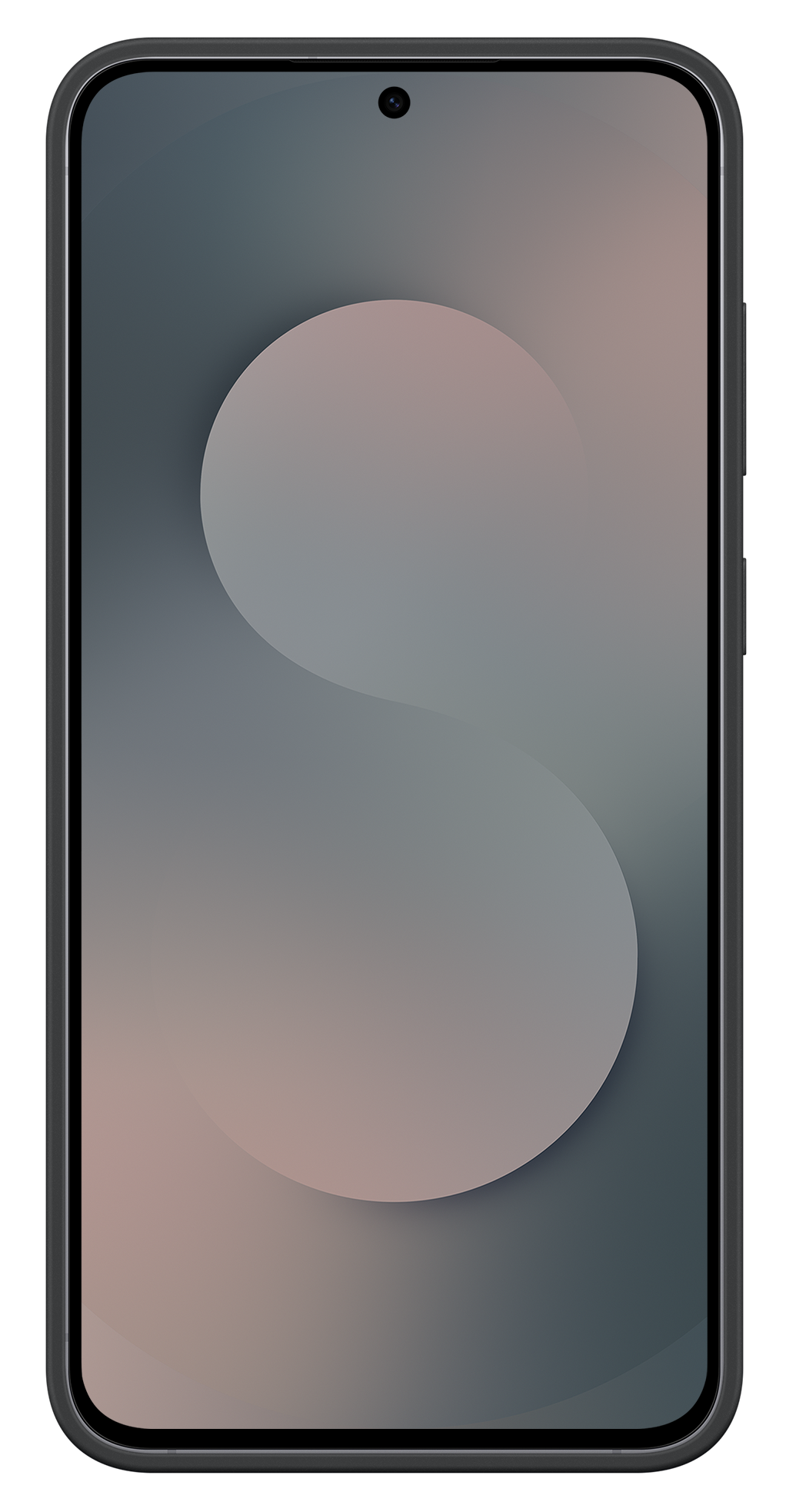 Smartfon z zakrzywionym ekranem, prezentujący gradientowe tło z abstrakcyjnymi kształtami. Czarna ramka i aparat u góry.