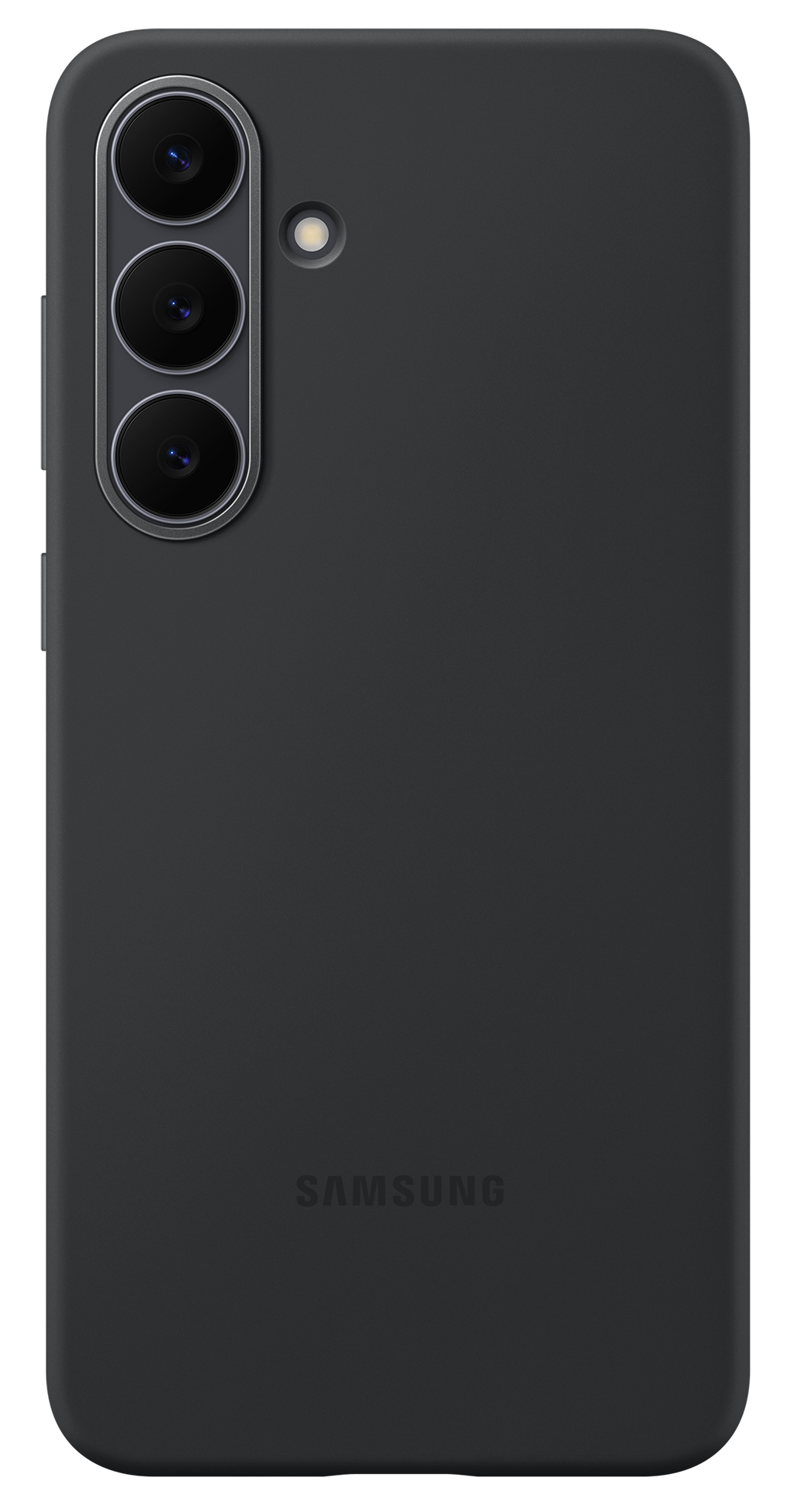 Ciemnoszara obudowa telefonu z trzema pionowymi obiektywami aparatu i lampą błyskową. Logo Samsung znajduje się na dole.