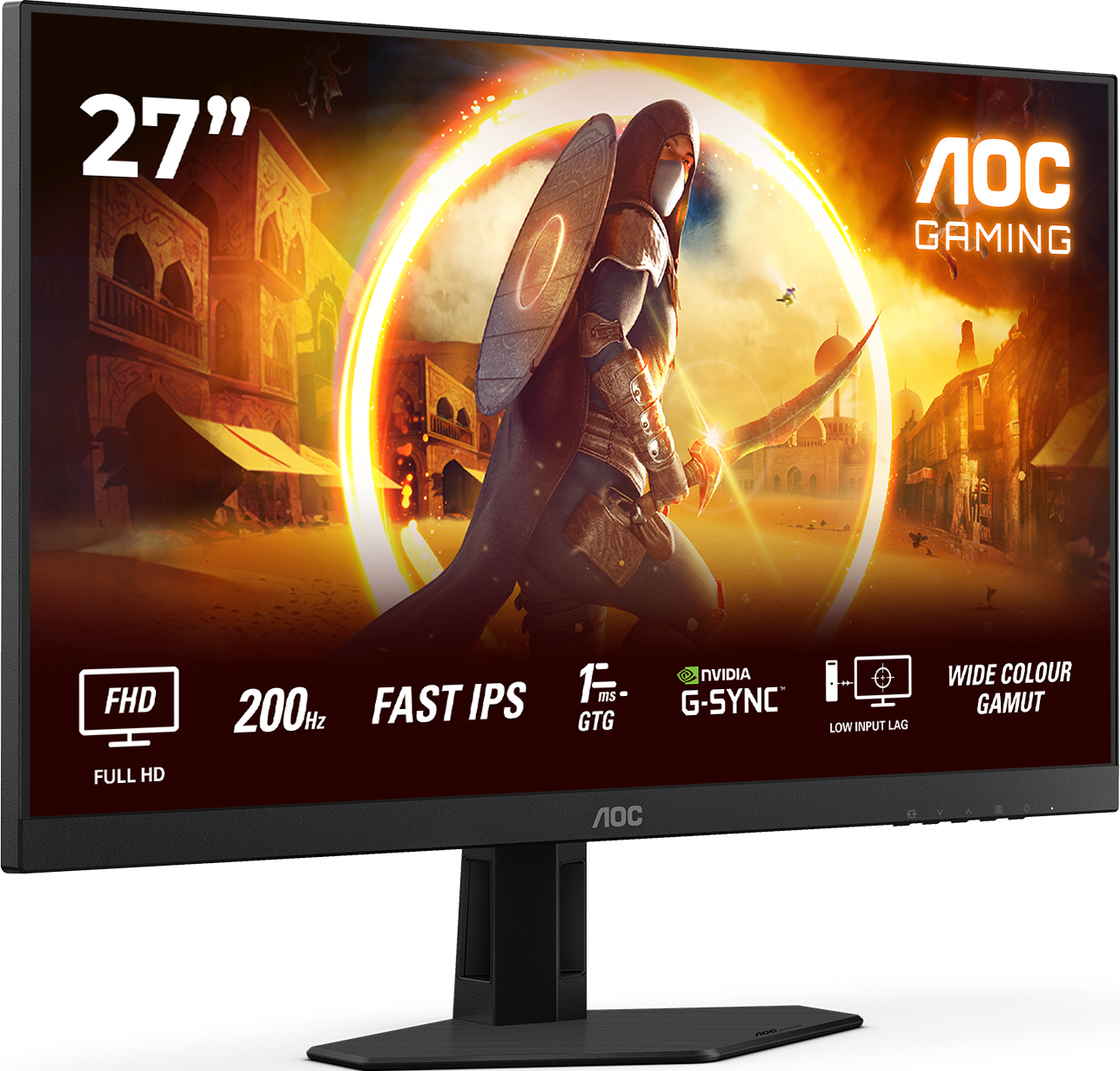 AOC 27-Zoll-Gaming-Monitor zeigt einen Krieger mit Schild. Text auf dem Bildschirm hebt Funktionen wie FHD, 200Hz und G-SYNC hervor.