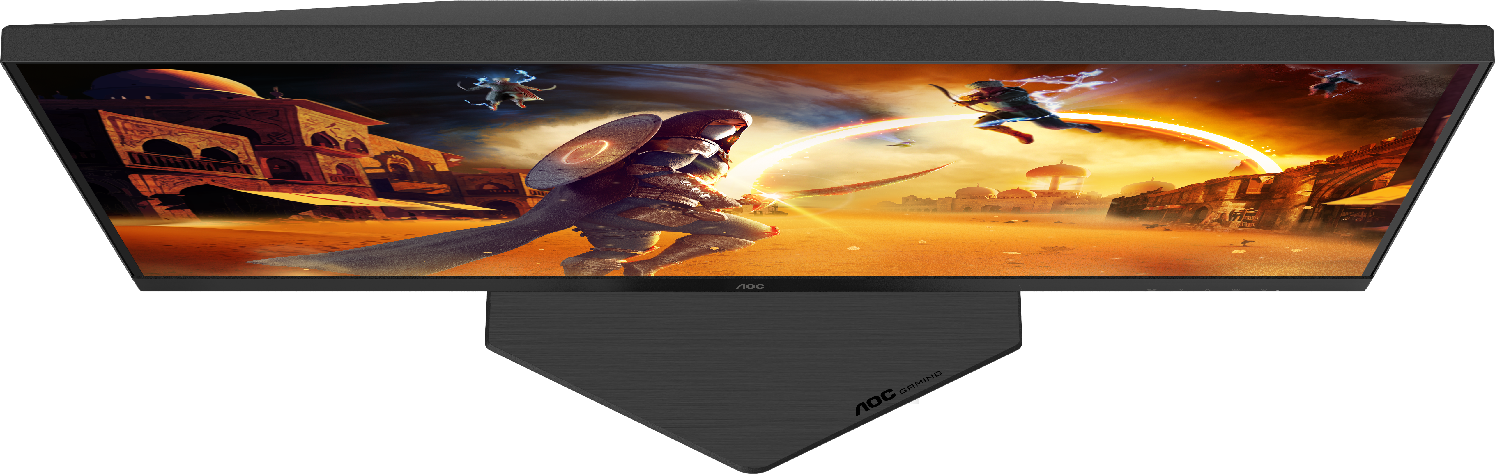 AOC-Gaming-Monitor mit einer Fantasieszene. Eine vermummte Figur mit Schild und Schwert steht angreifenden Figuren gegenüber.
