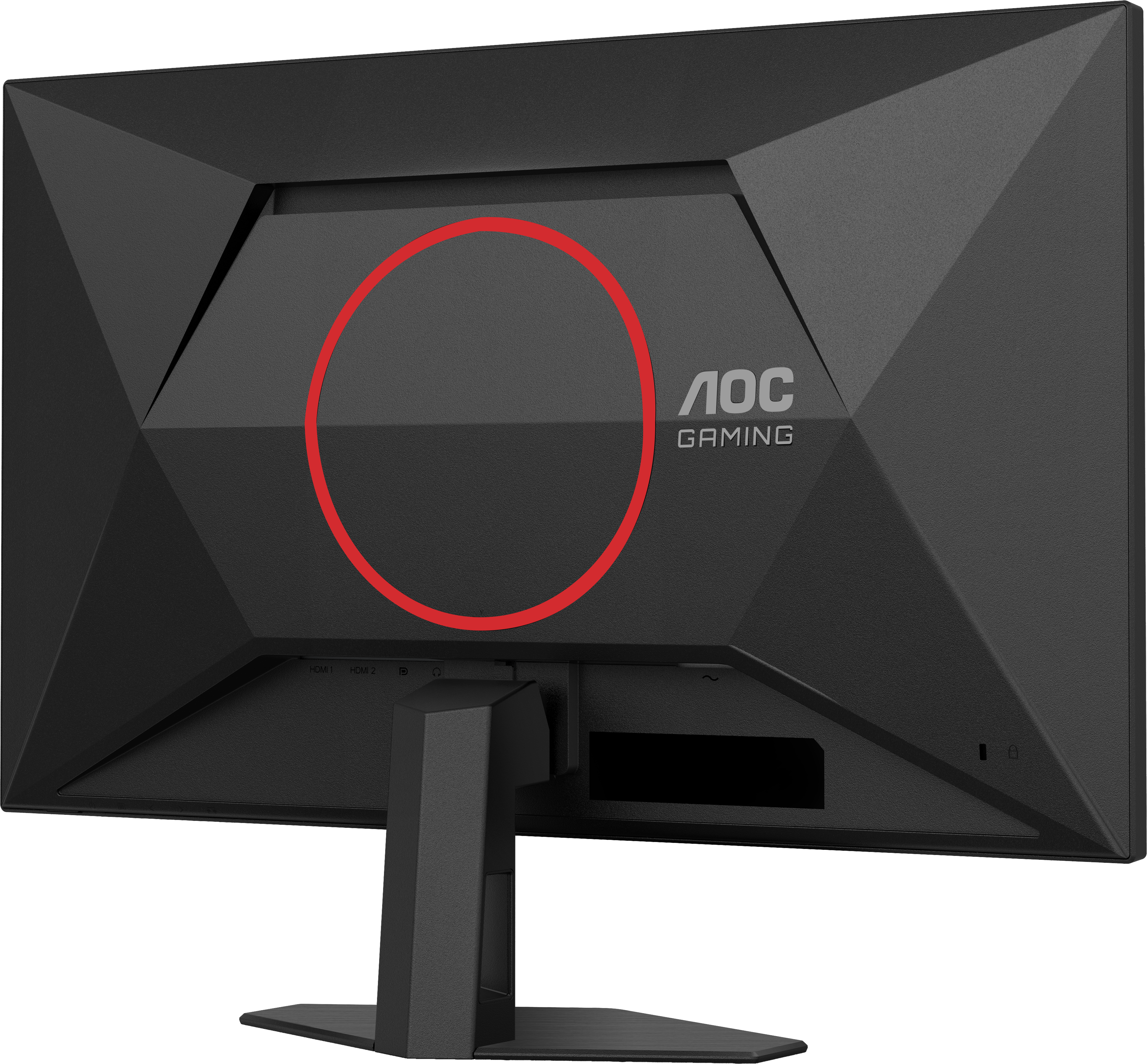 Schwarze Computermonitorrückseite. Roter Kreis. AOC Gaming-Logo. Ständer und Fuß sichtbar. Strukturierte Kunststoffoberfläche.