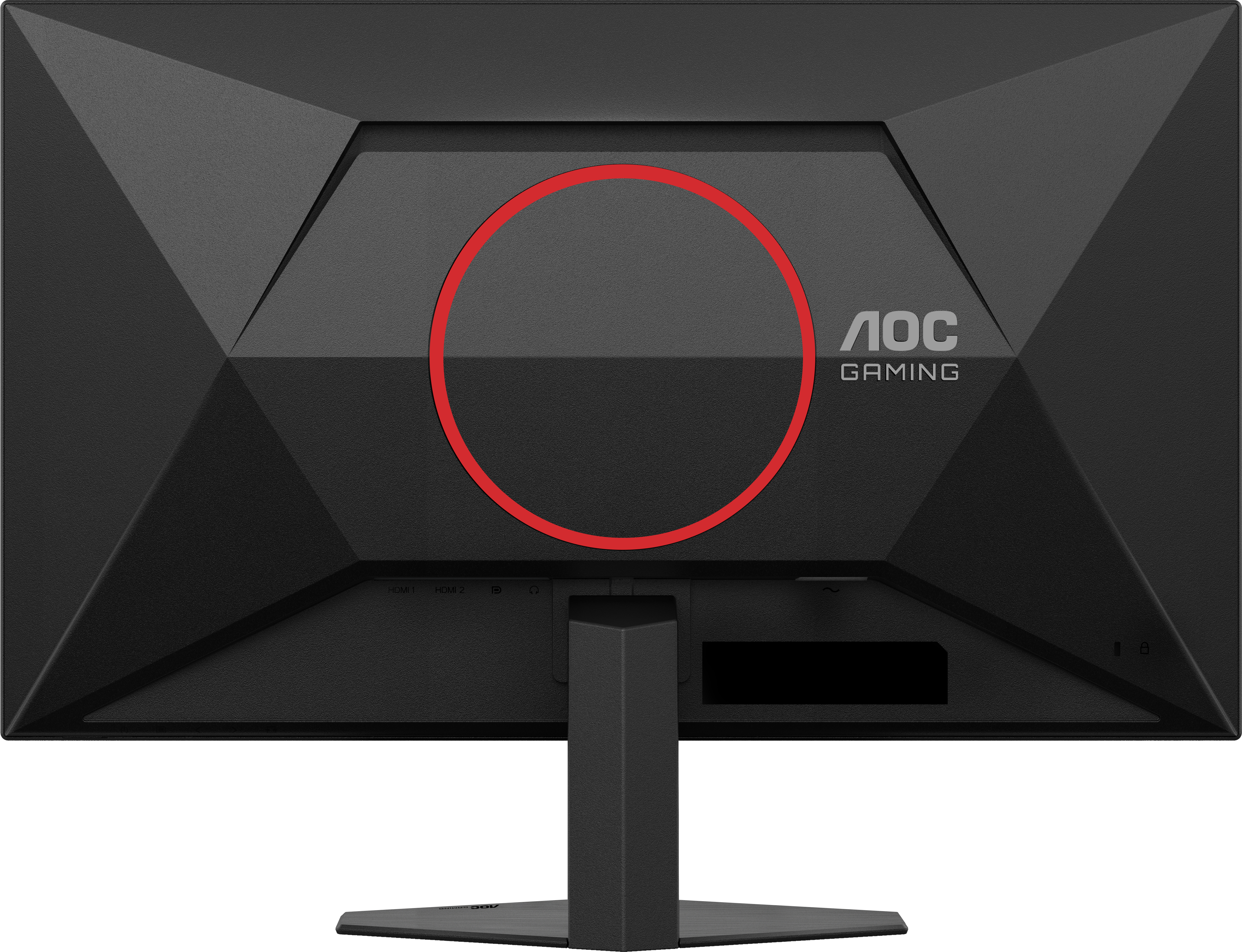 Rückseite eines schwarzen AOC-Gaming-Monitors. Ein roter Kreis ist vorhanden. Der Ständer ist ebenfalls schwarz.