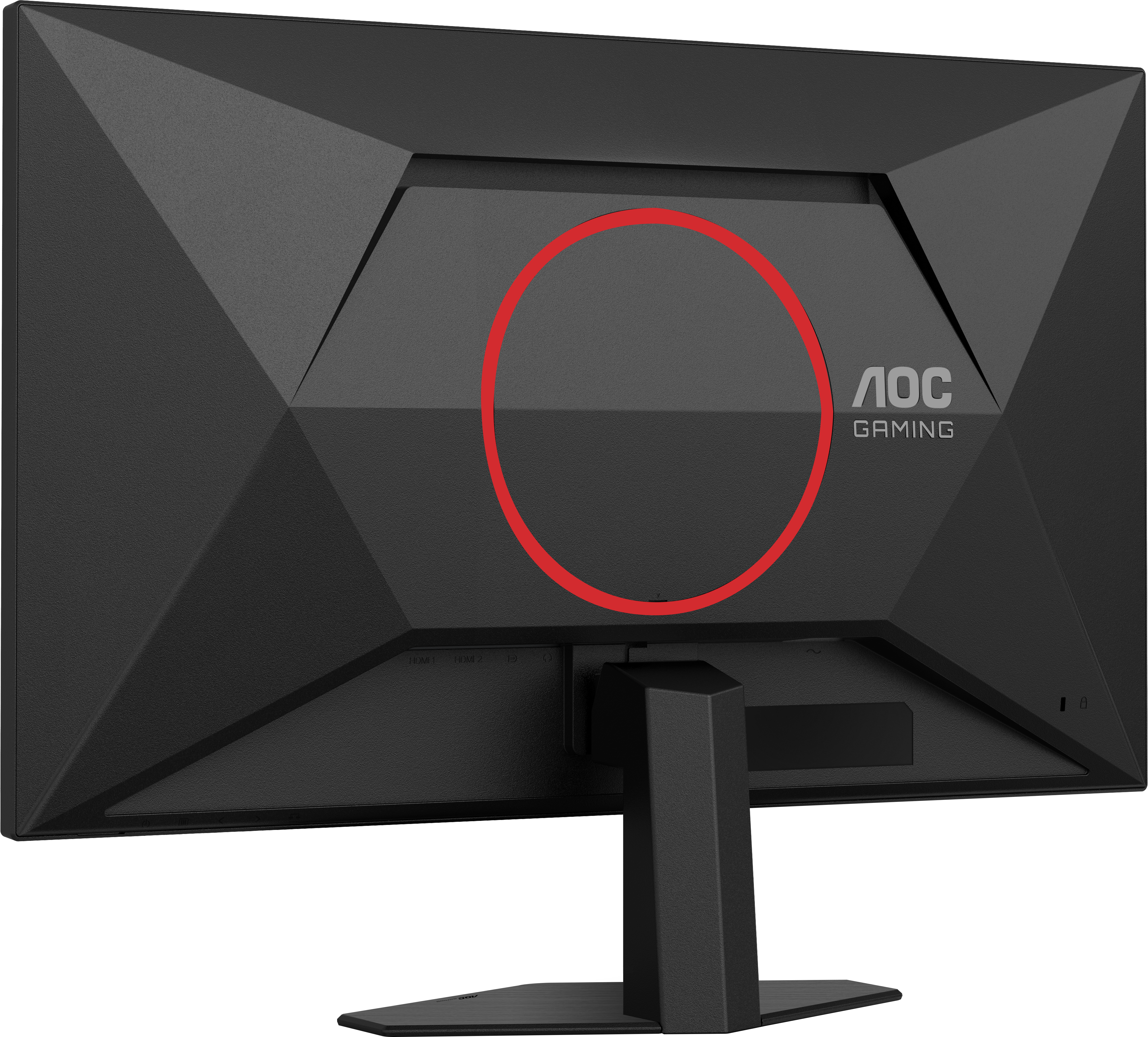 Rückseite eines schwarzen AOC-Gaming-Monitors. Der Monitor hat einen Ständer und das AOC-Logo. Der Monitor hat eine strukturierte Oberfläche.