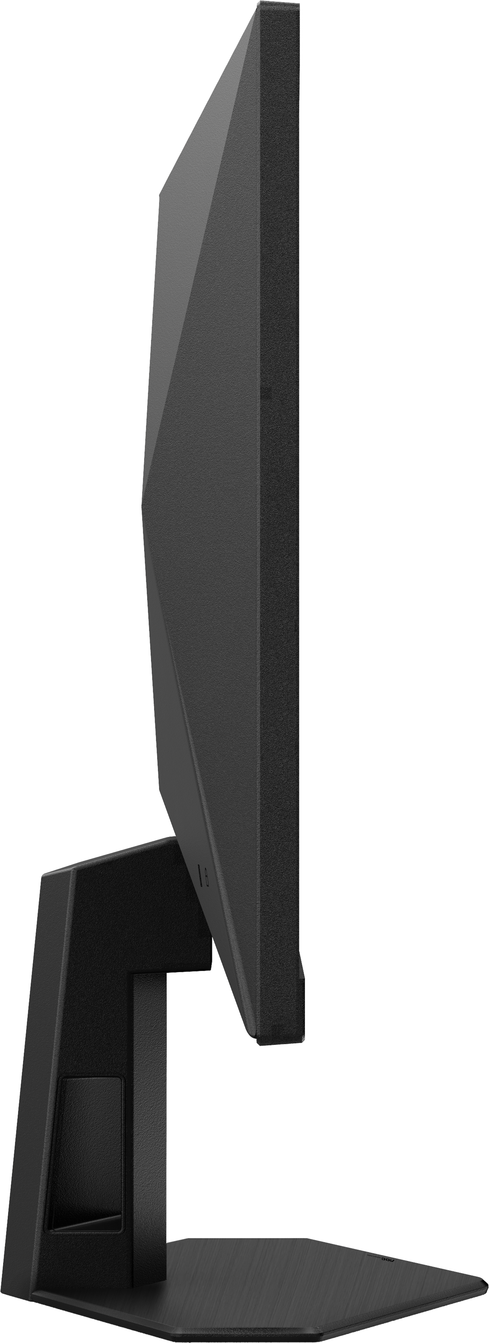 Ein schwarzer Computermonitor, Seitenansicht, auf einem schwarzen Ständer. Der Monitor hat eine strukturierte Oberfläche.