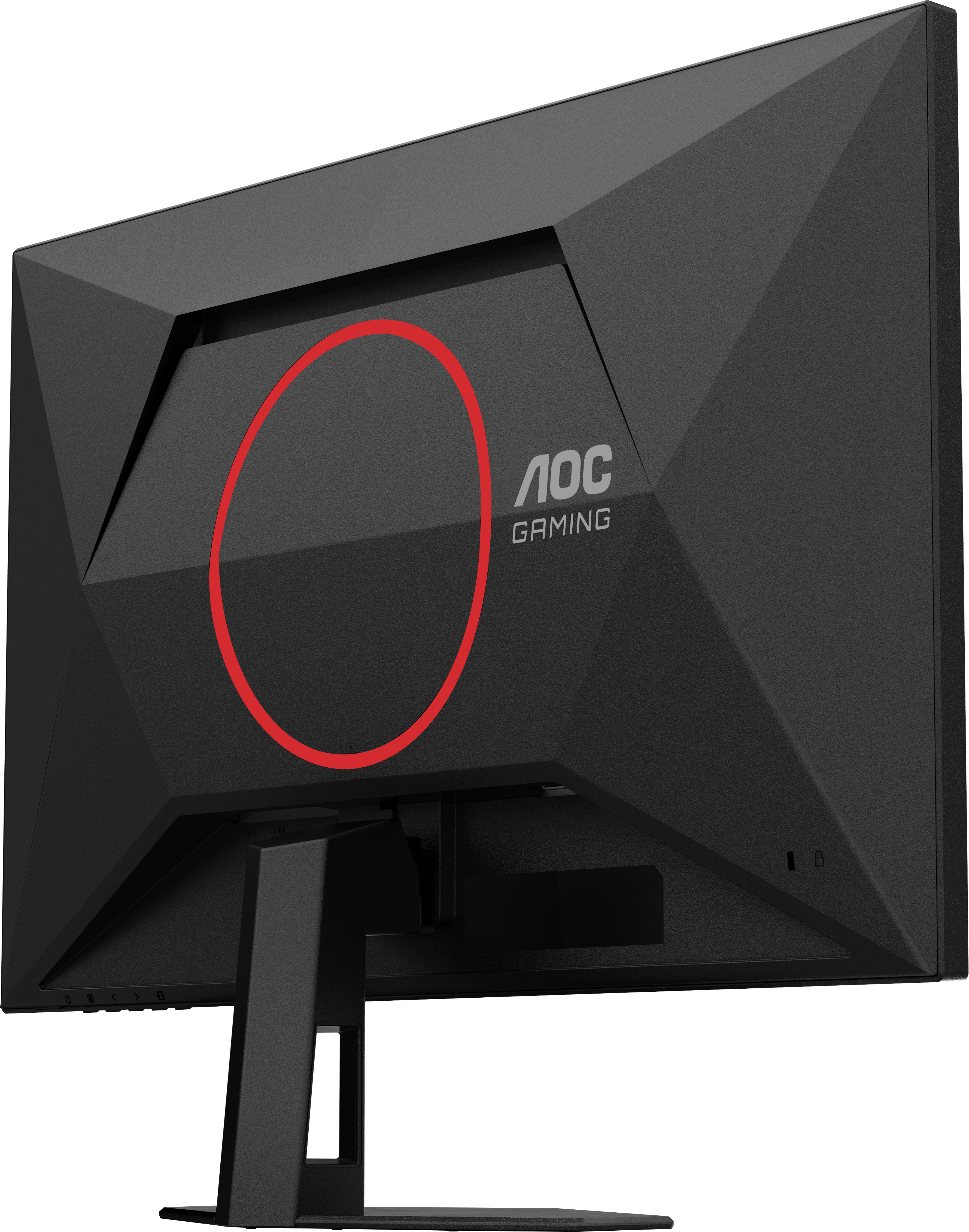 Rückansicht eines schwarzen AOC-Gaming-Monitors. Ein roter Kreis hebt einen Abschnitt hervor. Das AOC-Logo ist sichtbar. Der Monitor steht auf einem Ständer.