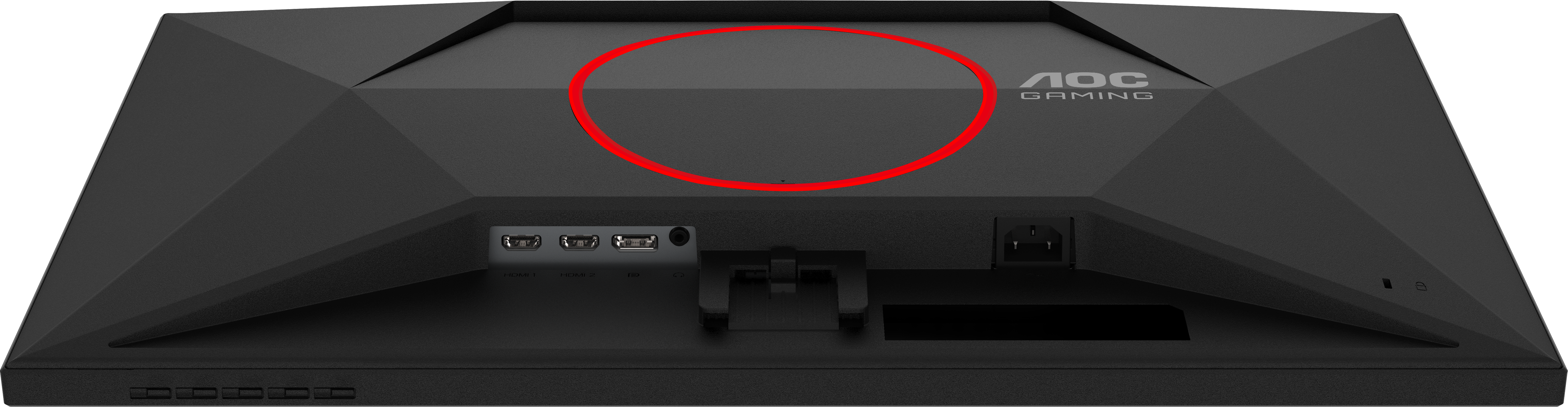 Rückseite eines schwarzen AOC-Gaming-Monitors. Es hat Anschlüsse, das AOC-Logo und einen Netzanschluss. Das Design ist eckig.