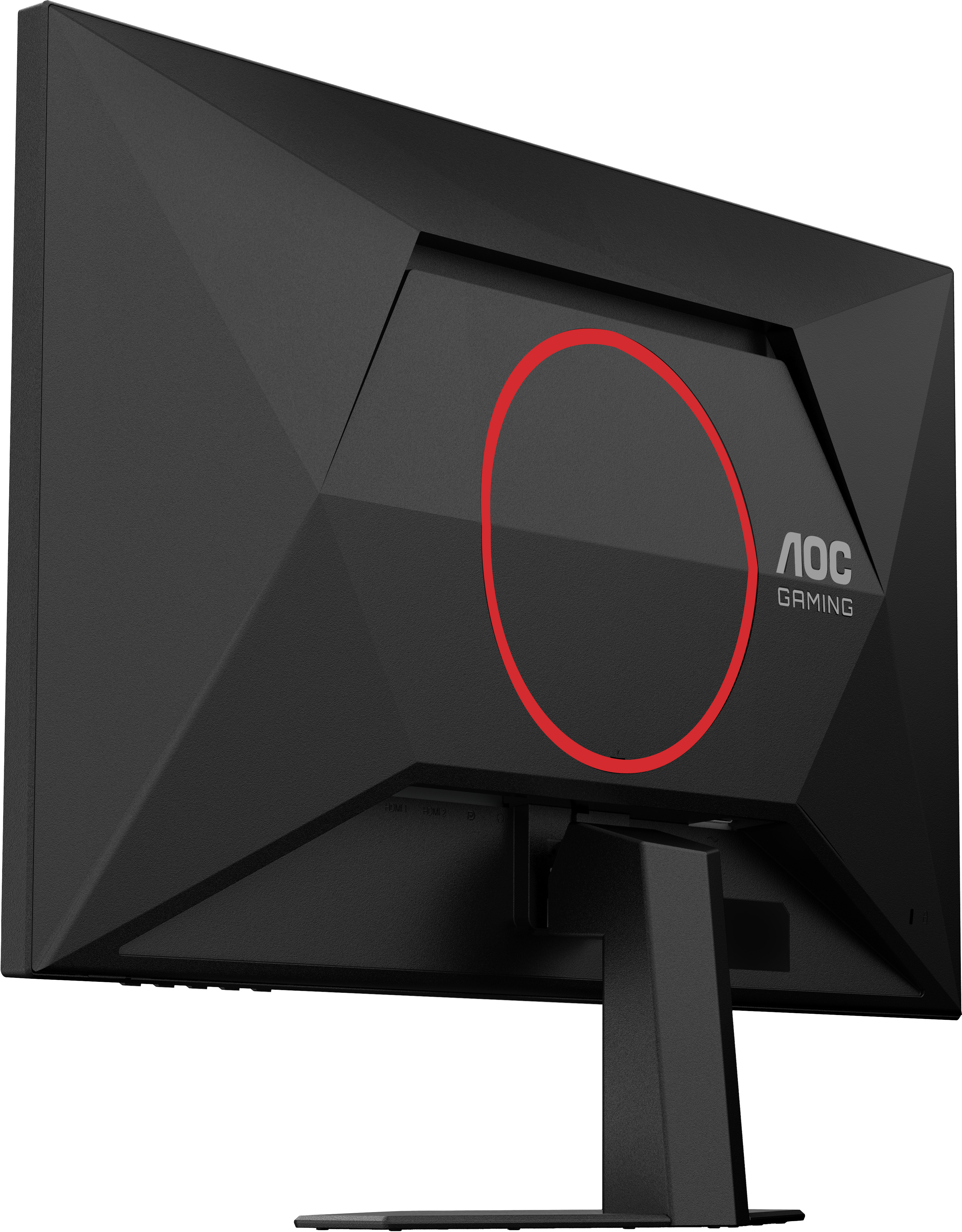 Schwarzer AOC-Gaming-Monitor-Rücken. Merkmale: ein roter Kreis, das AOC-Logo und ein Ständer. Der Monitor ist nach links angewinkelt.