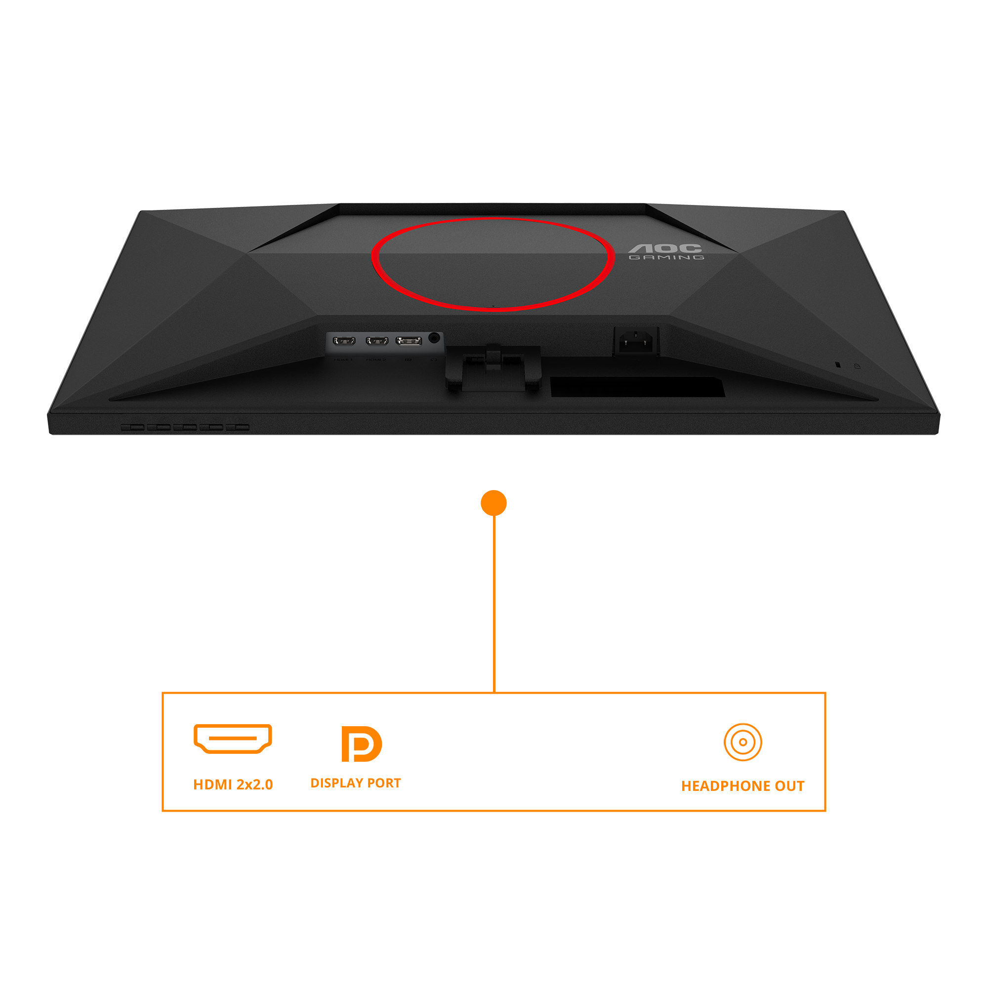 Schwarzer AOC-Gaming-Monitor-Rückansicht mit Anschlüssen wie HDMI, DisplayPort und Kopfhörerausgang. AOC-Logo sichtbar.