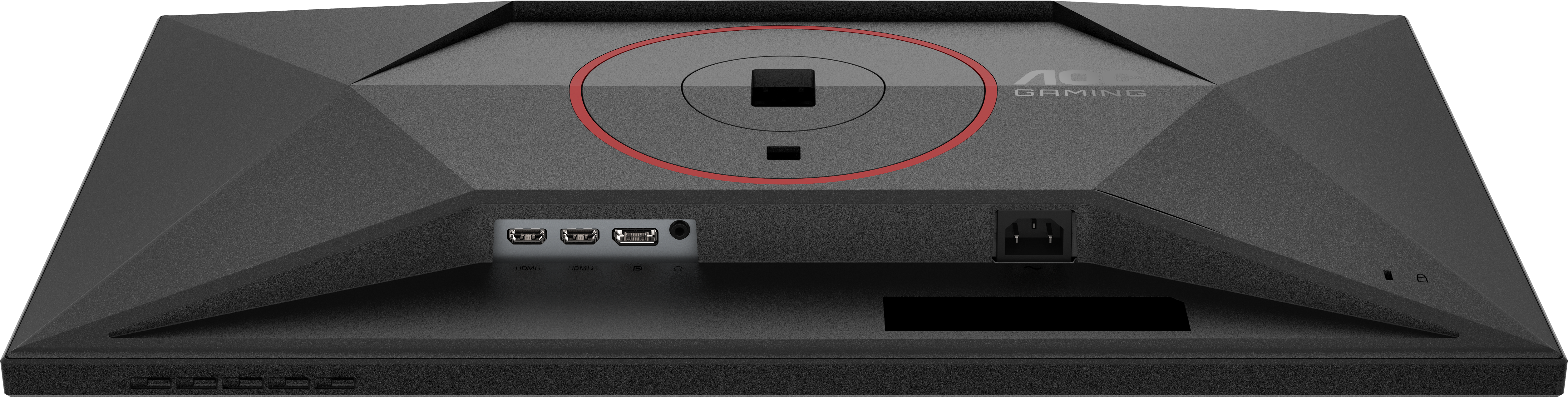 Vue arrière d'un moniteur de jeu AOC noir. Comprend des ports, une entrée d'alimentation et un élément de design circulaire avec bordure rouge.