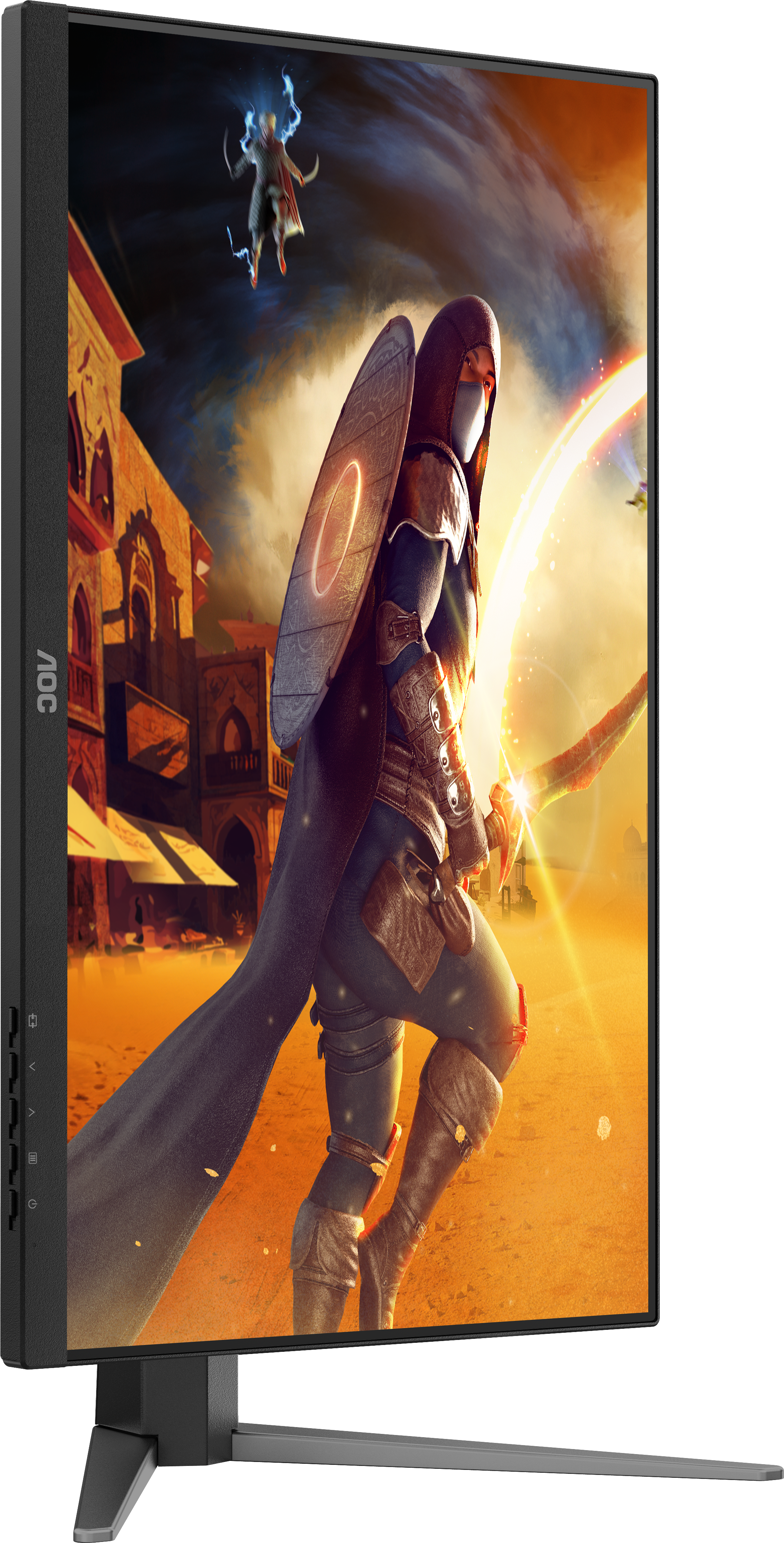 Un écran de jeu affiche une scène fantastique. Un personnage à capuche avec un bouclier et une épée se tient dans un désert. Bâtiments et ciel en arrière-plan.