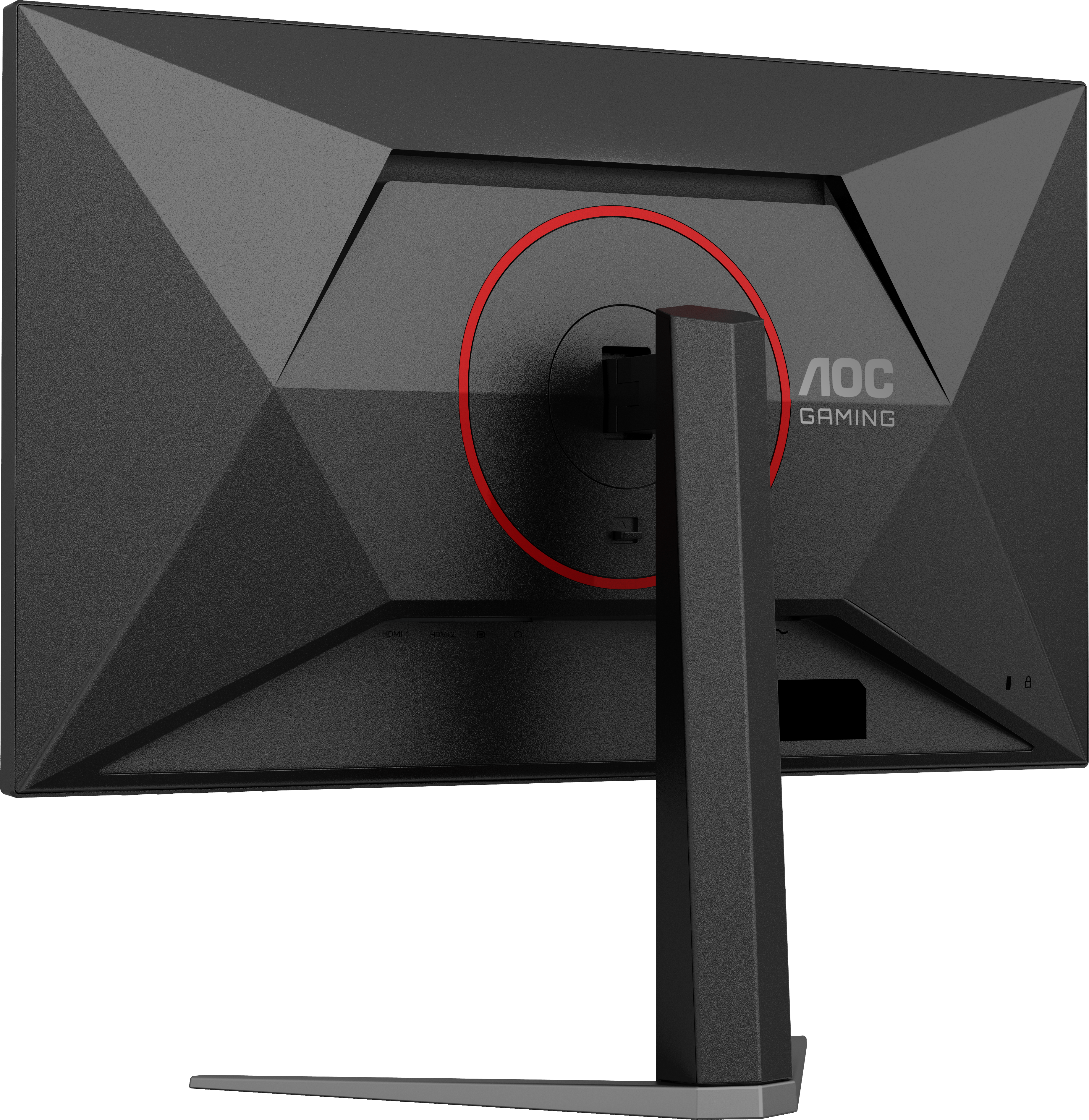 Vue arrière d'un moniteur de jeu AOC noir. Anneau rouge autour du support. Base grise. Logo AOC Gaming visible.
