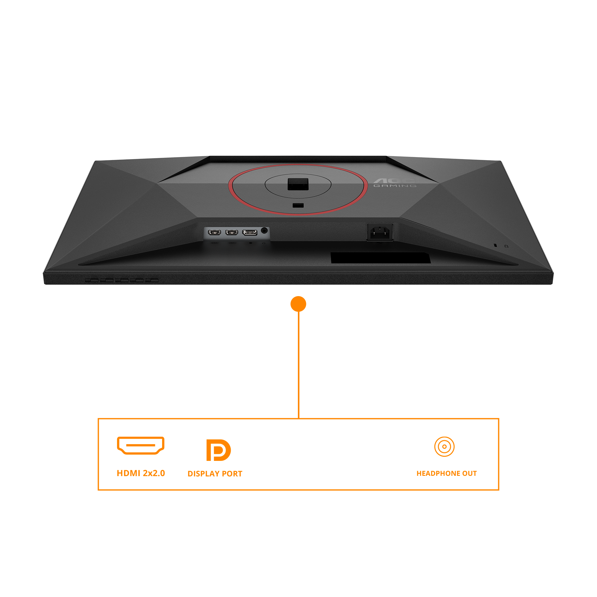 Dos du moniteur noir, avec ports et étiquettes : HDMI, Display Port et Sortie casque. Cercle rouge et le mot GAMING.