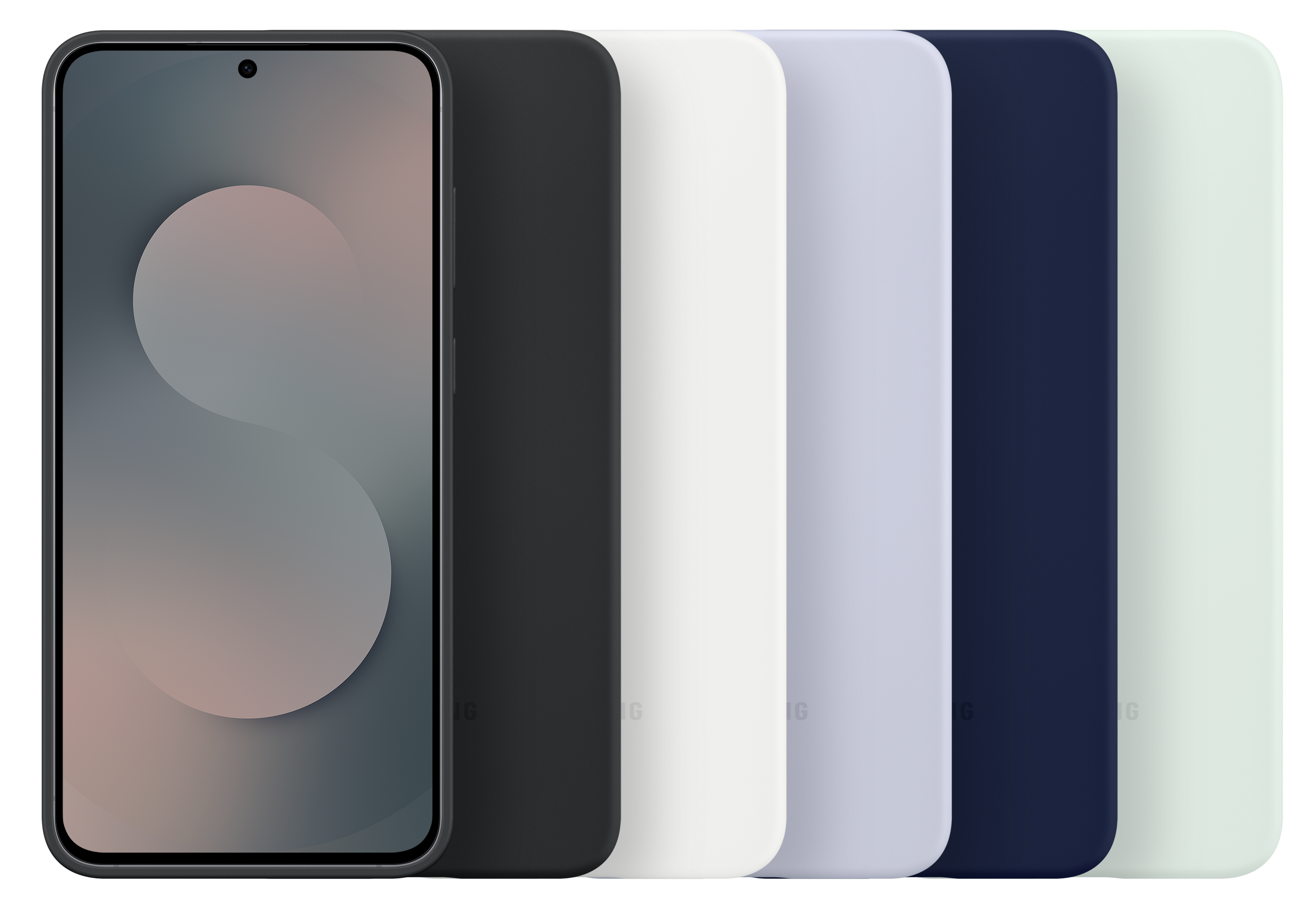 Smartfon z wyświetlaczem z designem obok kolorowych etui: czarny, biały, lawendowy, granatowy i jasnozielony.