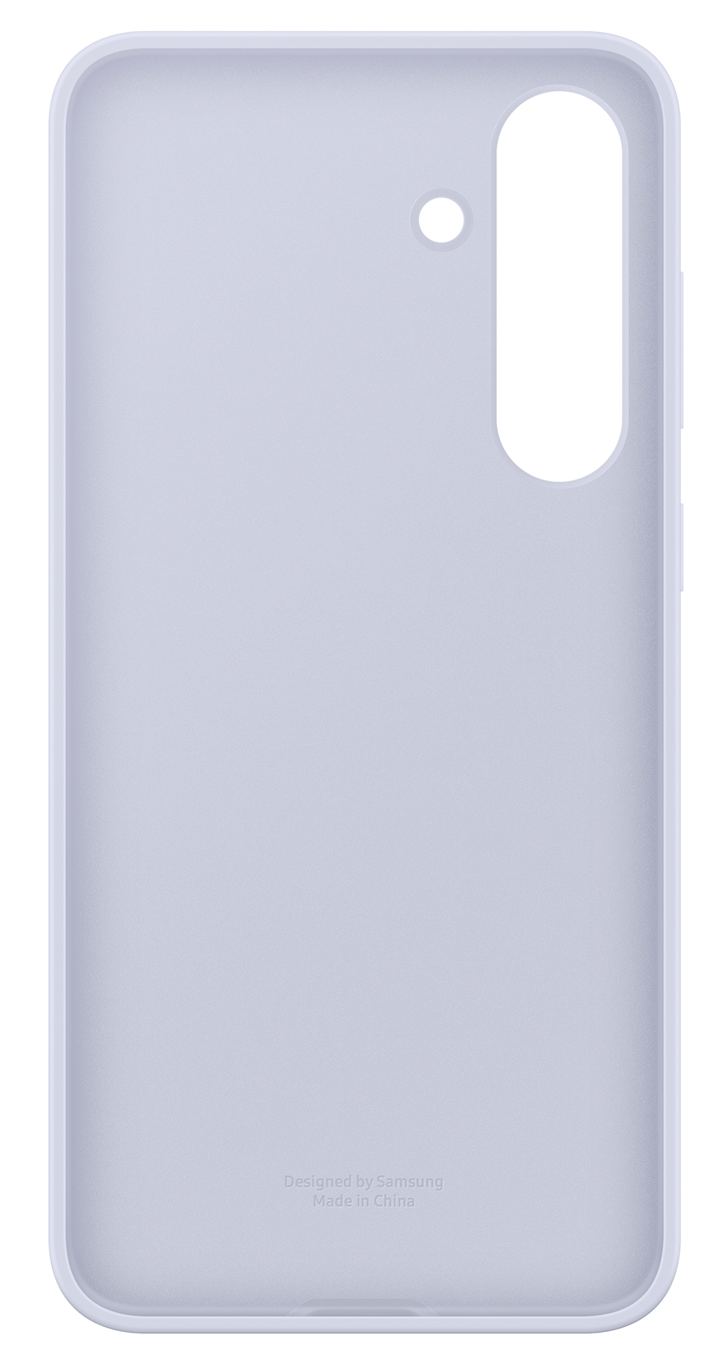 Jasnofioletowe etui na telefon z wycięciem na aparat i małą czarną dziurą. Zaprojektowane przez Samsung i wyprodukowane w Chinach.