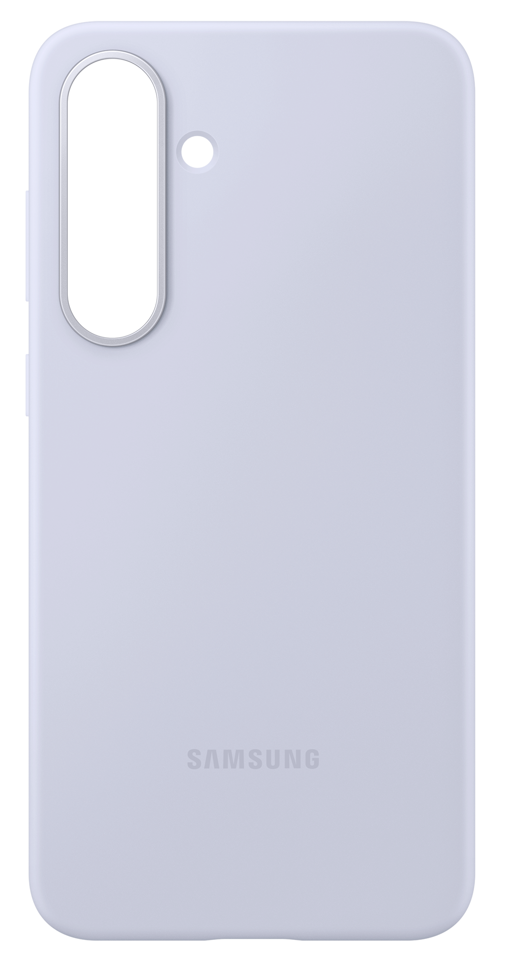 Jasnofioletowe etui na telefon z wycięciem na aparat i pojedynczą kropką nad nim. Logo Samsung znajduje się na dole.