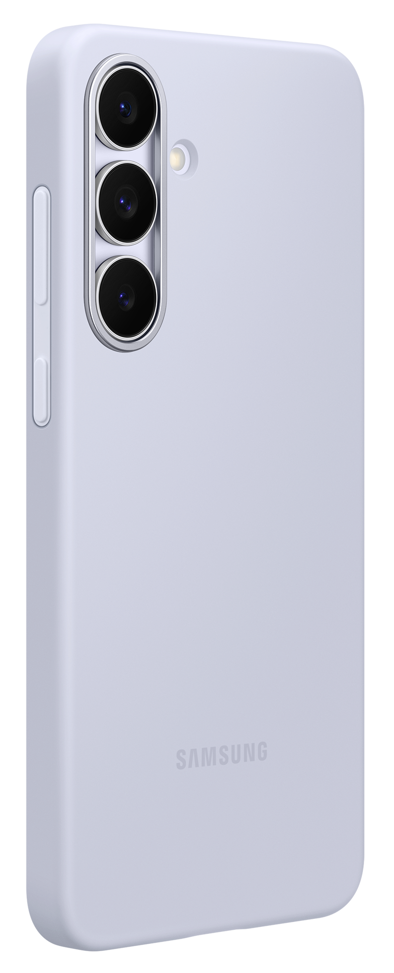 Jasnofioletowy smartfon z trzema aparatami, lampą błyskową i regulacją głośności. Logo Samsunga z tyłu.