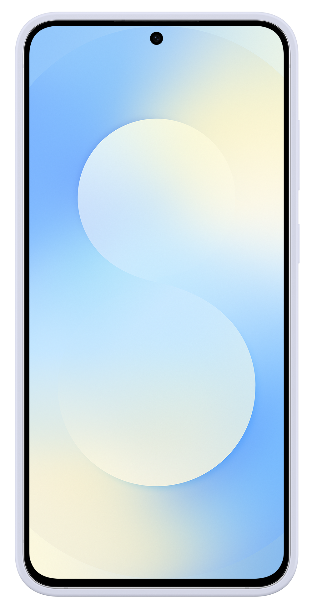 Smartfon z ekranem wyświetlającym gradient niebieskiego i żółtego. Ma aparat u góry i białą ramkę.