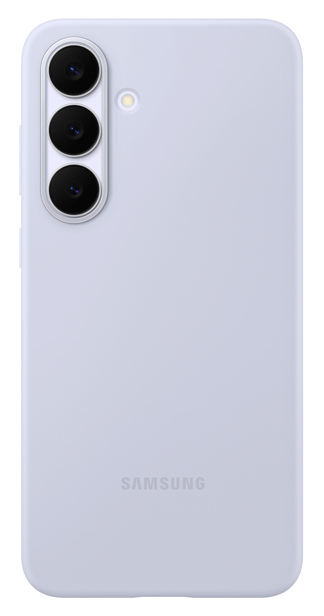 Jasnofioletowe etui na telefon z trzema obiektywami aparatu i lampą błyskową. Logo Samsung widoczne na dole.