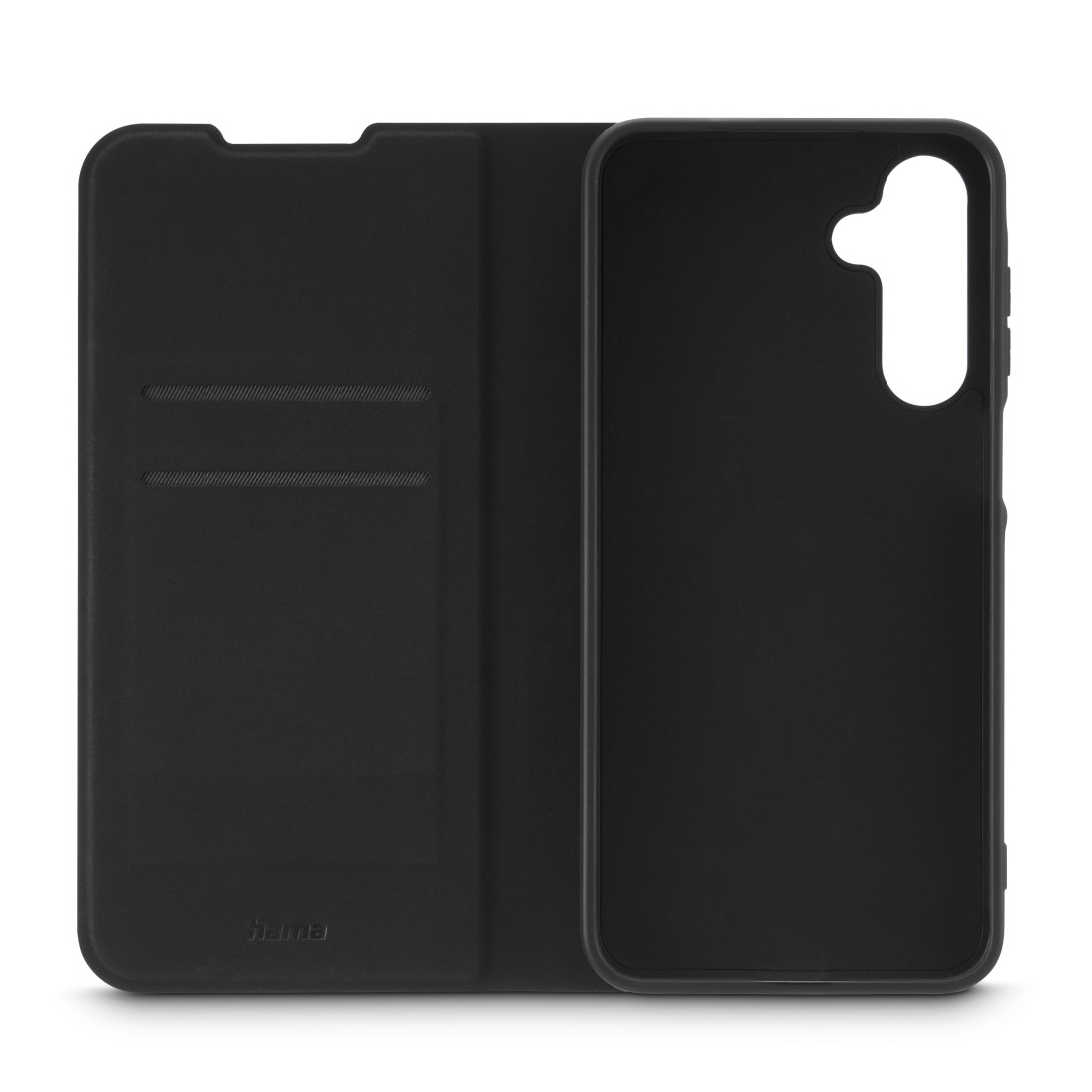 Eine schwarze Handyhülle, geöffnet, mit beiden Seiten. Eine Seite hat Schlitze, die andere passt zum Telefon. Hama-Logo sichtbar.