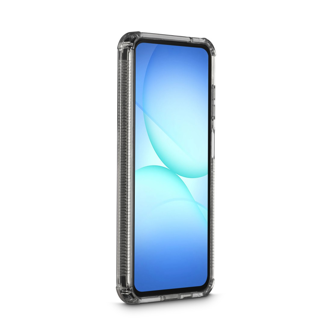 Ein Smartphone in einer transparenten Schutzhülle. Der Bildschirm zeigt blaue und weiße abstrakte Formen. Der Hintergrund ist weiß.