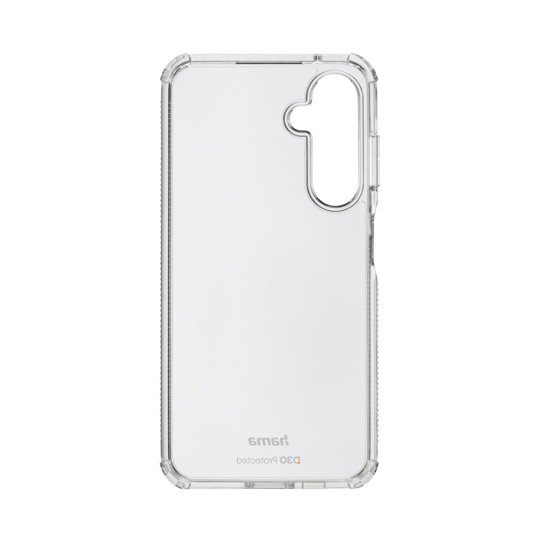 Eine transparente Handyhülle mit Aussparungen für Kamera und Tasten. Die Hülle ist durchsichtig und gibt einen Blick auf das Handy frei.