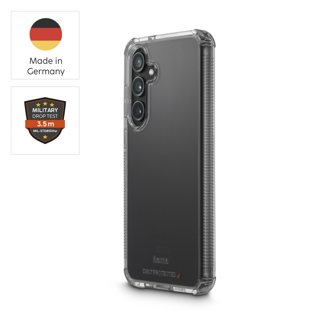 Eine transparente Handyhülle mit einem schwarzen Telefon. Die Hülle hat einen Schutzrahmen. Logos und Text sind sichtbar.