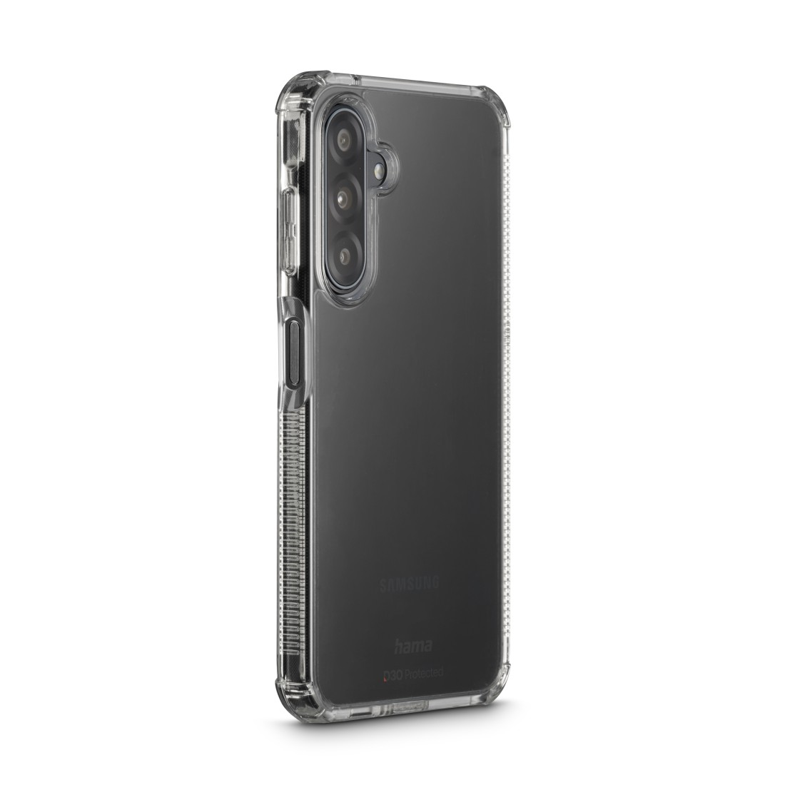 Eine transparente Handyhülle für ein Samsung-Gerät. Sie hat eine klare Rückseite und einen Schutzrahmen. Die Hülle ist mit 'hama' beschriftet.