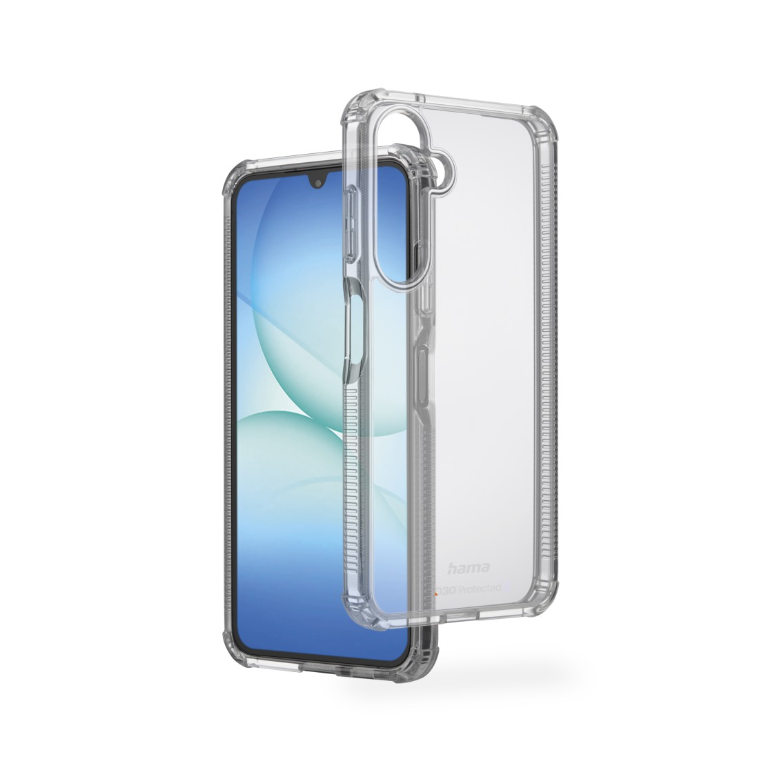 Ein Smartphone in einer transparenten Schutzhülle. Das Telefon hat einen blauen Bildschirm. Die Hülle ist leicht geöffnet.