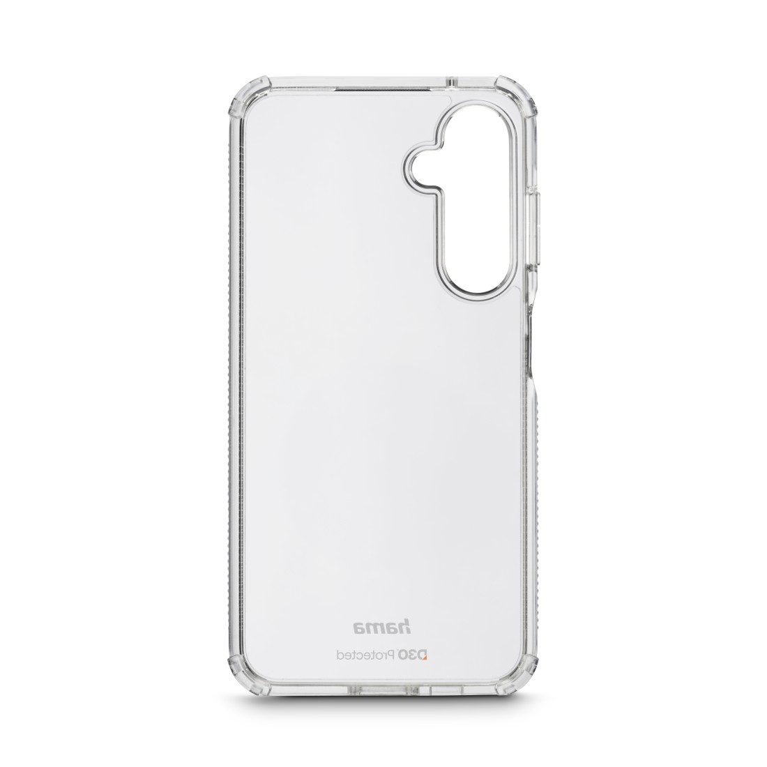Eine klare, transparente Handyhülle. Die Hülle hat einen Ausschnitt für Kamera und Knöpfe. Der Markenname und Schutzdetails sind unten.