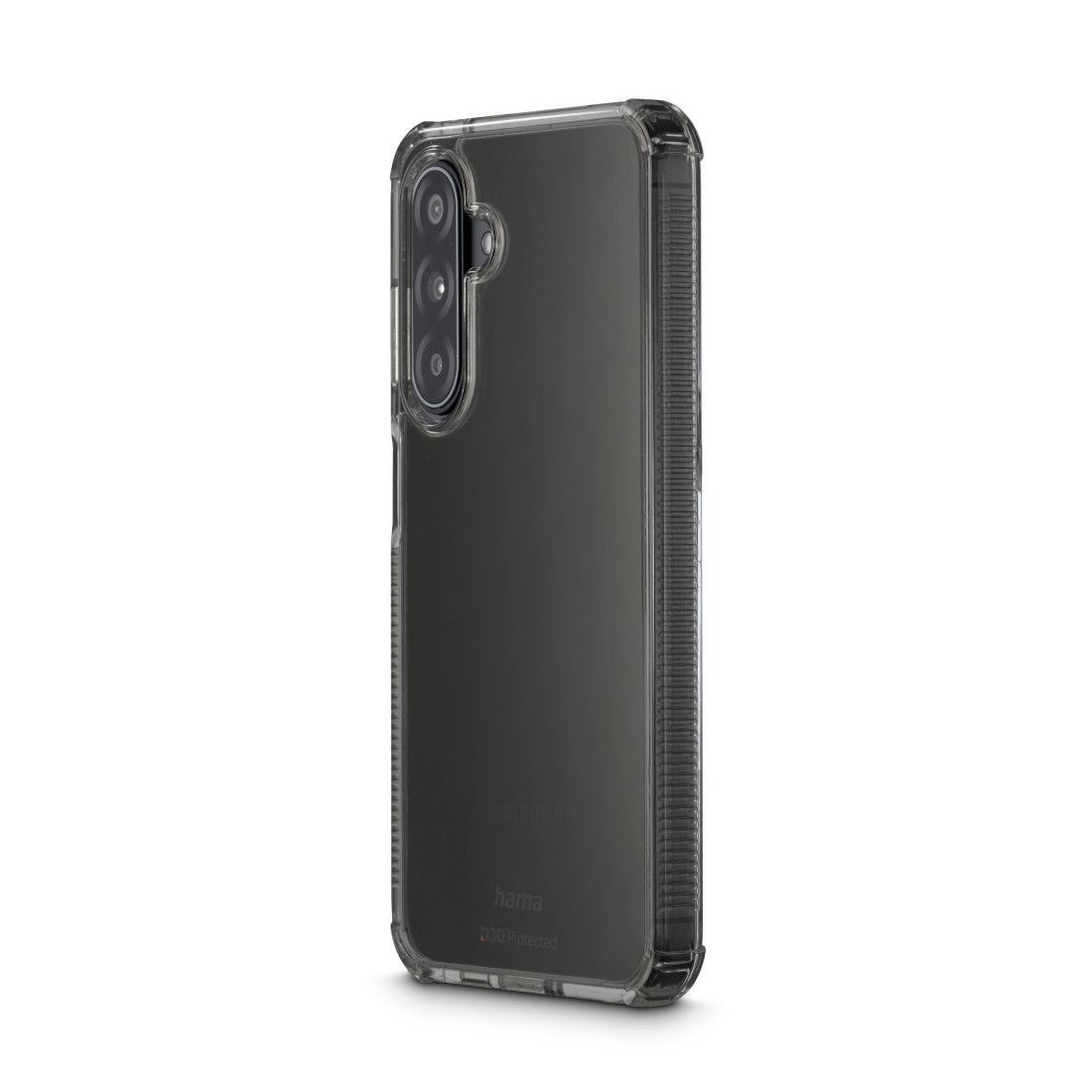 Eine durchsichtige Handyhülle. Darin befindet sich ein schwarzes Telefon. Die Hülle hat einen Kameraausschnitt und das Logo 'hama D3O Protected'.