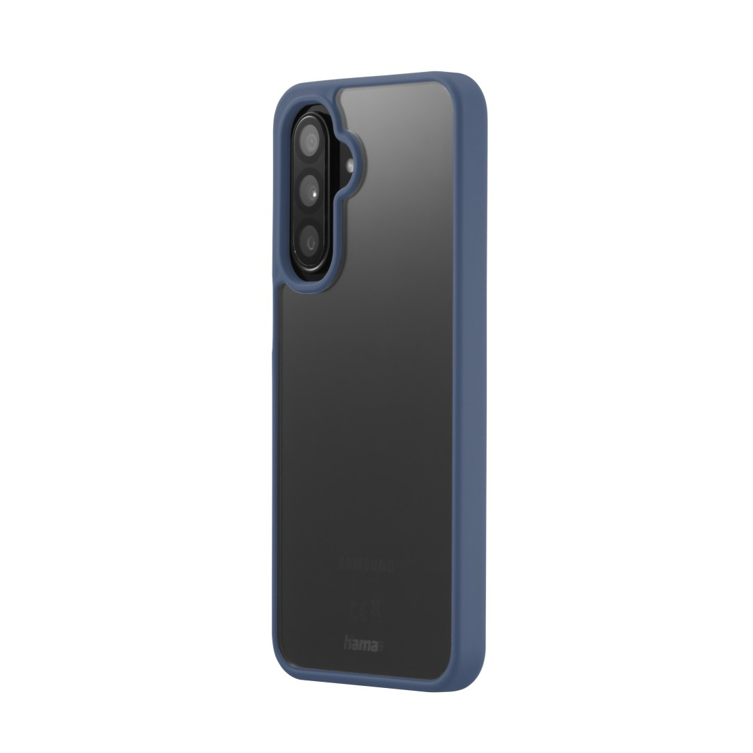 Eine blau gerahmte Handyhülle mit durchsichtigem Rücken. Das Telefon hat drei Kameras. Die Hülle ist von Hama.