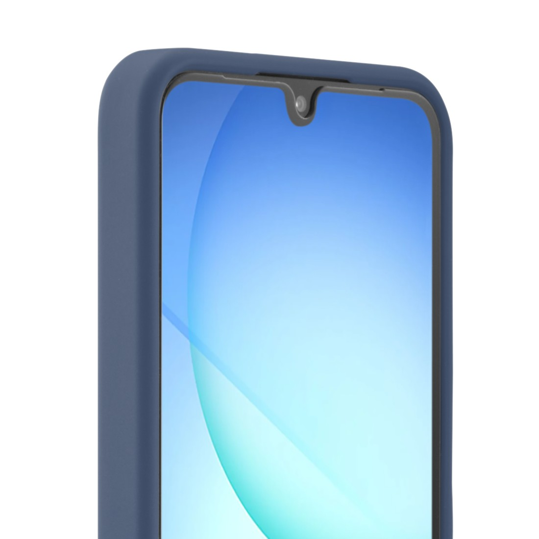 Nahaufnahme eines Smartphone-Bildschirms mit blauem Farbverlauf. Es befindet sich in einer dunkelblauen Hülle, mit Frontkamera.