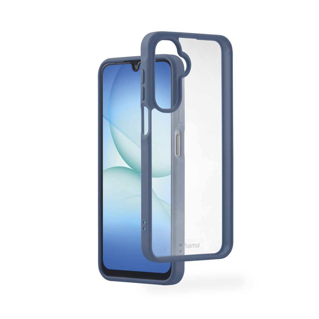 Ein Smartphone mit einer blauen Hülle und einer separaten transparenten Hülle. Der Bildschirm zeigt ein blaues und weißes Design. Das Telefon befindet sich auf weißem Hintergrund.