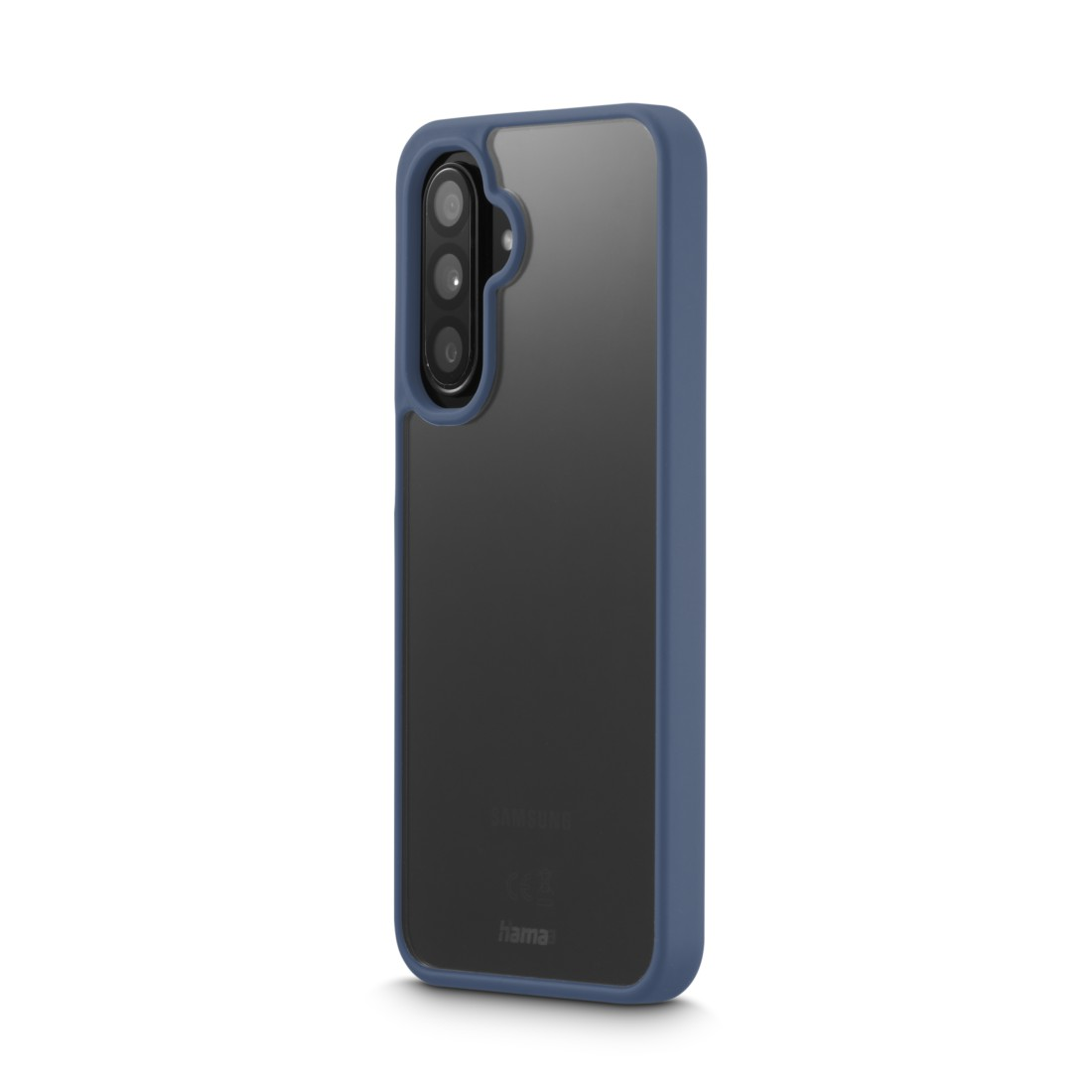 Ein Smartphone in einer blauen Hülle mit klarer Rückseite. Die Hülle ist von Hama und das Telefon ist ein Samsung-Modell.