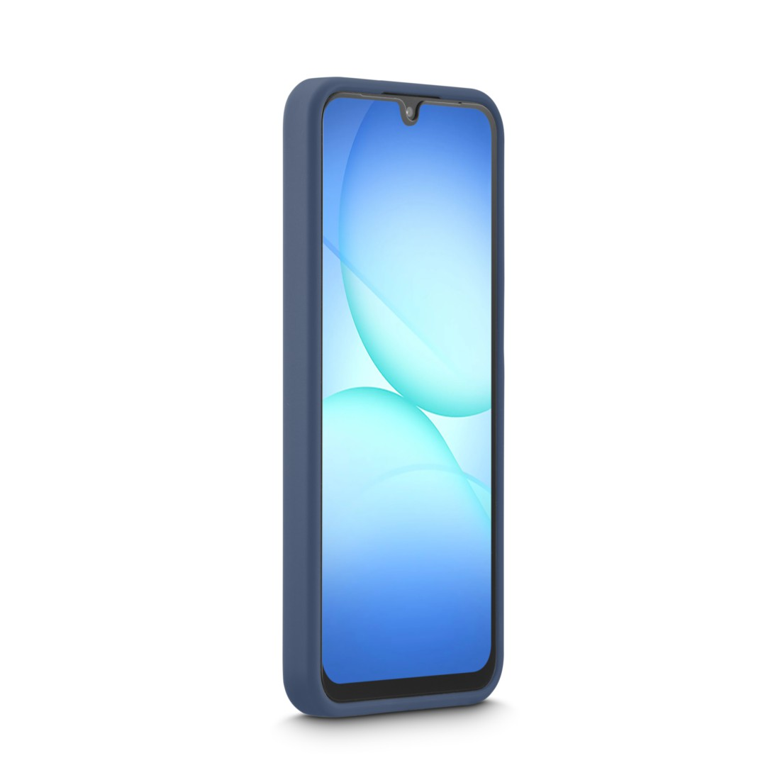 Ein blaues Smartphone mit blauem Bildschirm, der abstrakte weiße und blaue Formen zeigt, vor weißem Hintergrund.