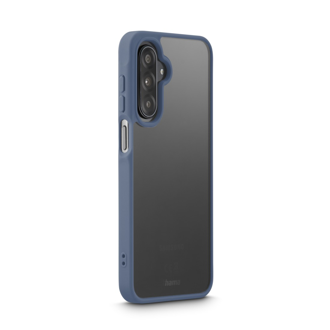 Eine blaue Handyhülle mit transparentem Rücken. Das Telefon hat eine Dreifachkamera. Die Hülle ist für ein Samsung-Handy.