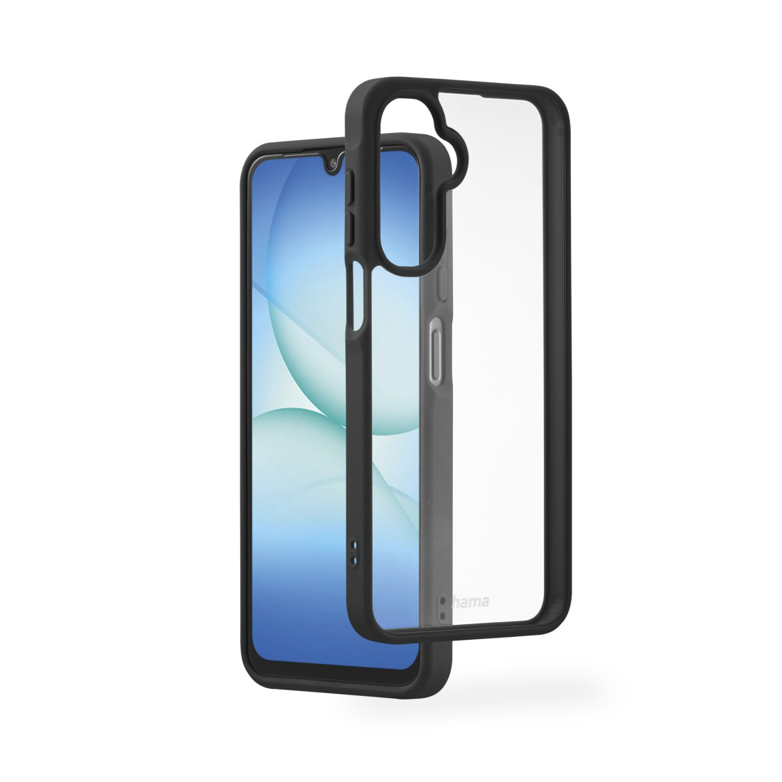 Ein Smartphone mit blauem Bildschirm wird in einer schwarzen Hülle dargestellt. Eine transparente Hülle liegt daneben, beide auf weißem Grund.