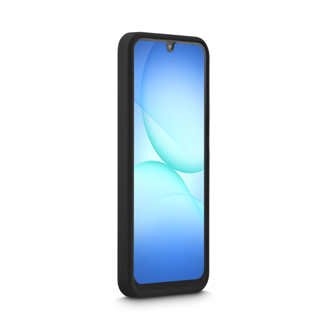 Schwarzes Smartphone in schwarzer Hülle. Der Bildschirm zeigt abstrakte blaue und weiße Formen. Das Telefon steht vor weißem Hintergrund.