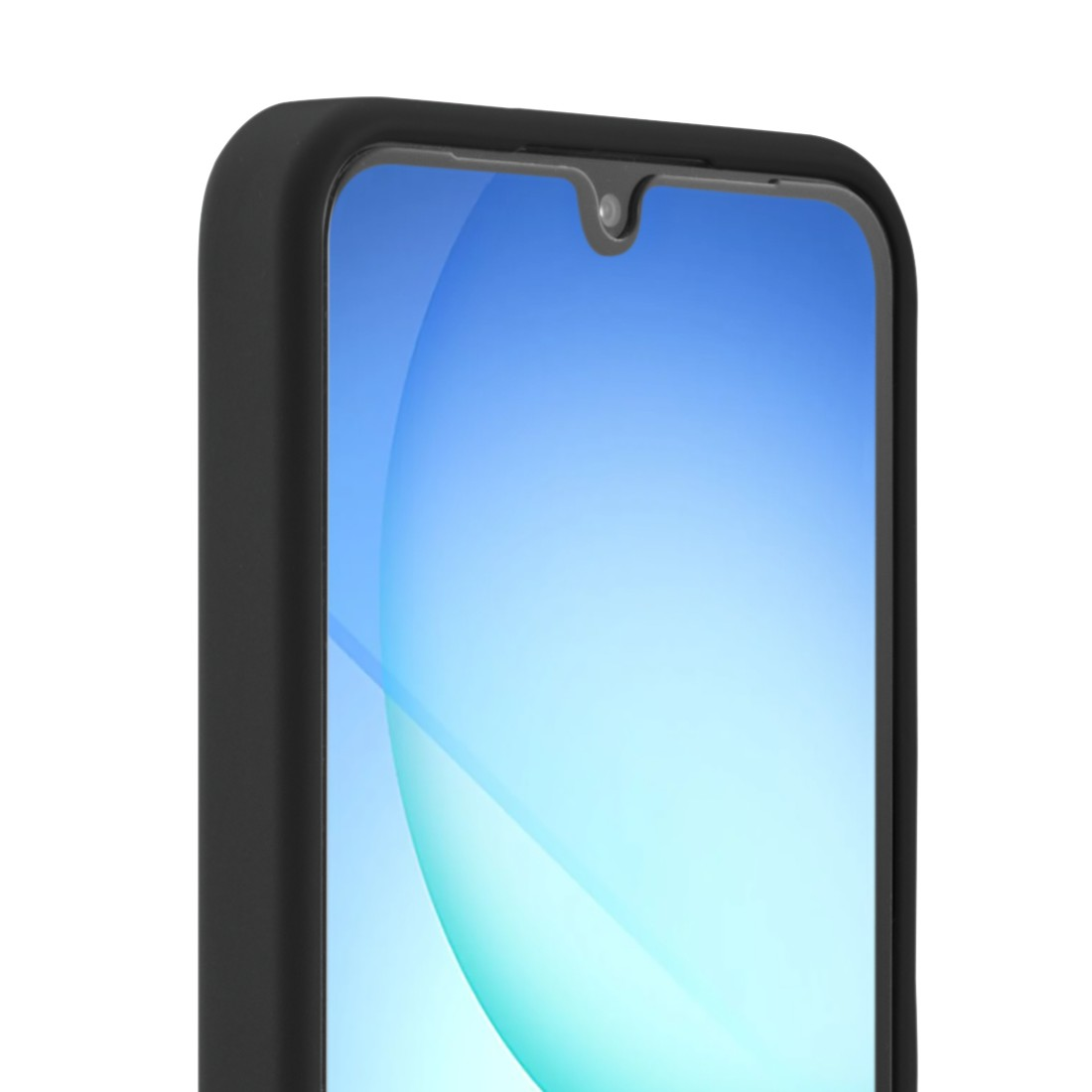Nahaufnahme einer schwarzen Handyhülle mit blauem Farbverlauf-Bildschirm. Die Hülle umgibt das Telefon, Vorder- und Kante sind sichtbar. Kamera sichtbar.