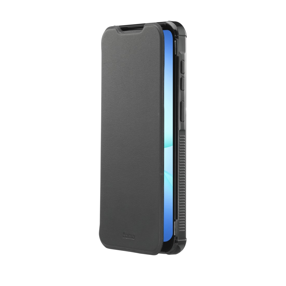 Eine schwarze Handyhülle ist geöffnet und zeigt einen blauen Bildschirm. Die Hülle ist strukturiert, und die Marke 'hama' ist unten sichtbar.