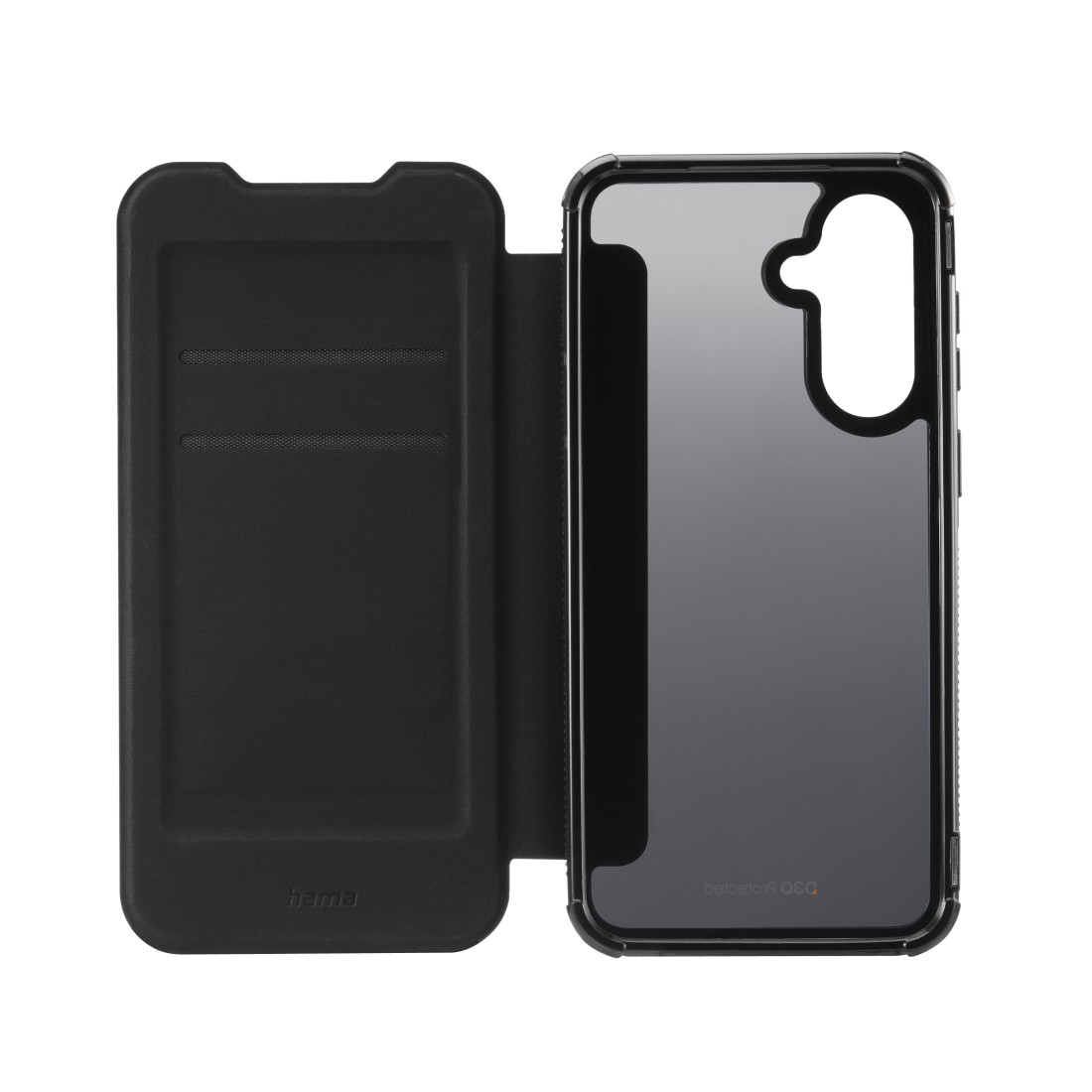 Geöffnete schwarze Handyhülle, die ein Telefon zeigt. Die Hülle hat eine Klappe links und eine Halterung rechts, vor weißem Hintergrund.