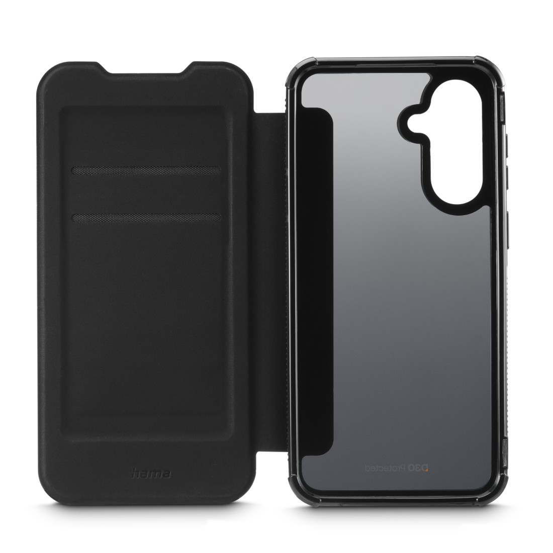 Eine schwarze Handyhülle ist geöffnet und gibt den Bildschirm des Telefons frei. Die Hülle befindet sich auf einer weißen Oberfläche. Die Marke 'hama' ist sichtbar.