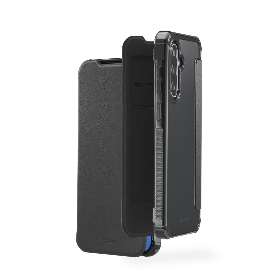 Eine schwarze Handyhülle mit offenem Deckel, die das Handy freigibt. Die Hülle befindet sich auf weißem Hintergrund.