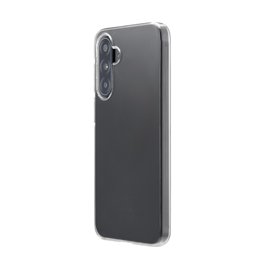Ein Smartphone mit einer durchsichtigen Hülle. Das Telefon ist schwarz mit einer Dreifachkamera. Die Hülle ist transparent und bedeckt das Telefon.