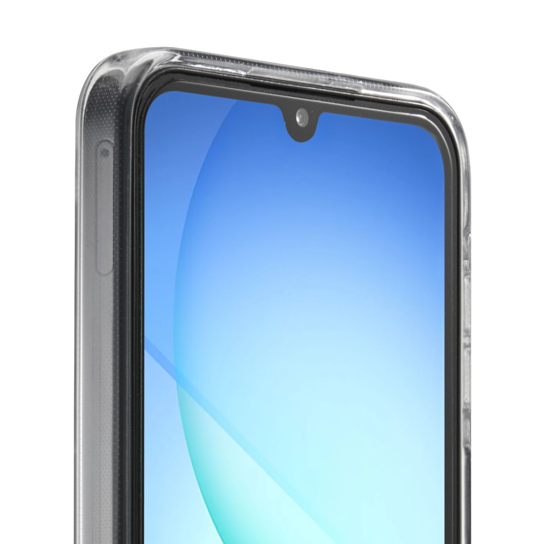 Nahaufnahme eines Smartphones in einer durchsichtigen Hülle. Der Bildschirm zeigt einen blauen Farbverlauf. Die Hülle hat einen schwarzen Rahmen.