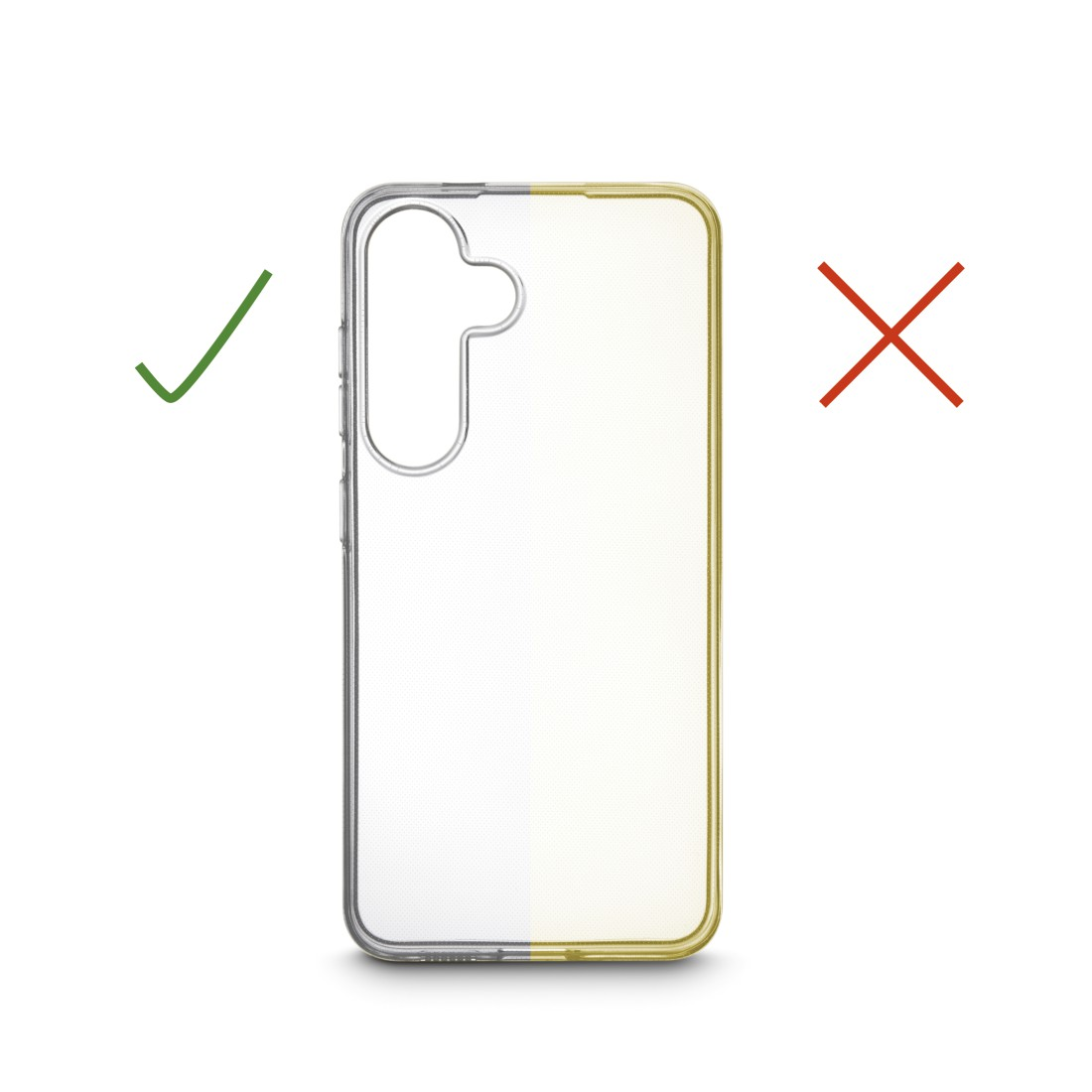 Eine klare Handyhülle, halb silber, halb gold, mit einem grünen Haken links und einem roten X rechts.