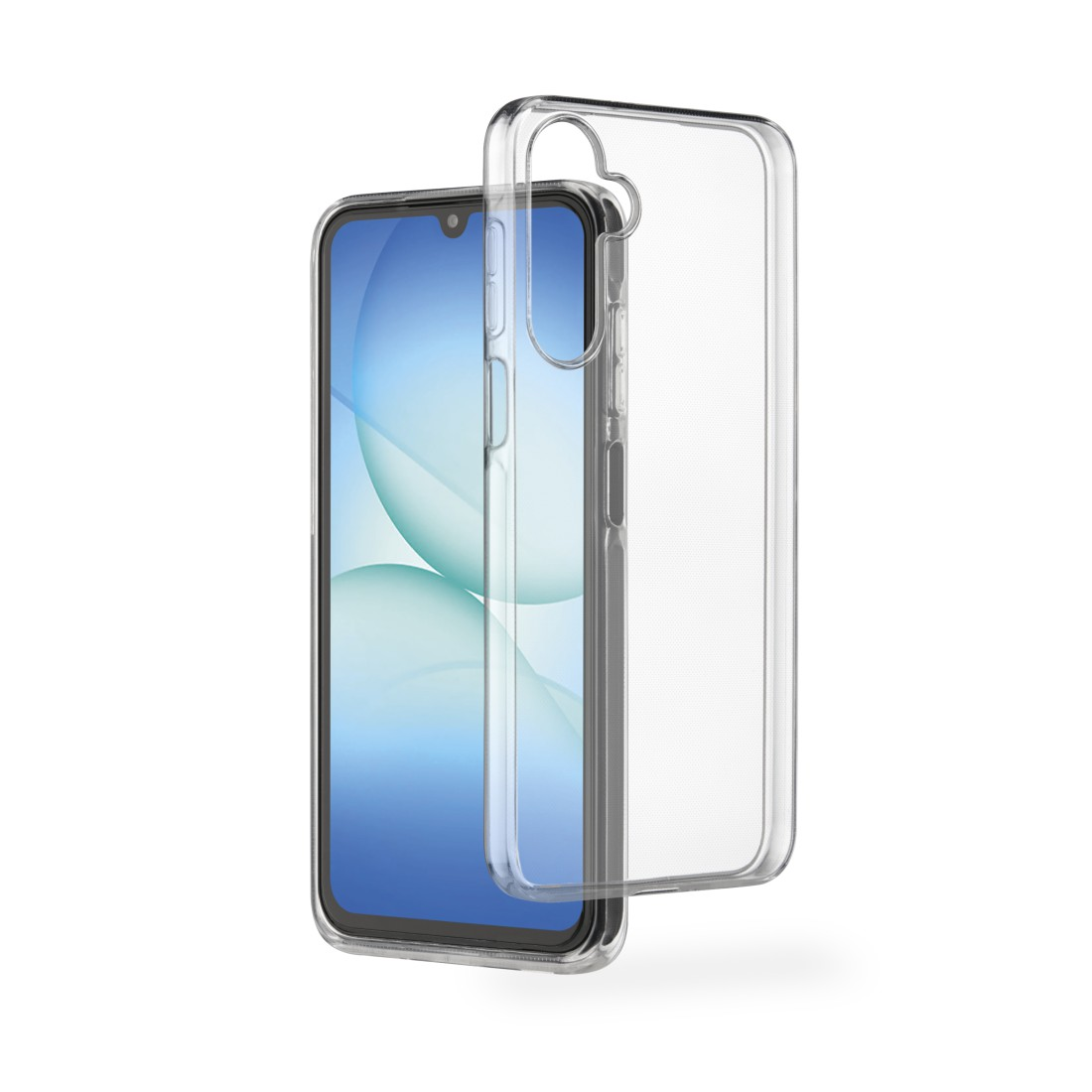 Ein Smartphone mit einer durchsichtigen Schutzhülle. Der Bildschirm zeigt ein blaues und weißes abstraktes Design. Die Hülle ist teilweise abgenommen.