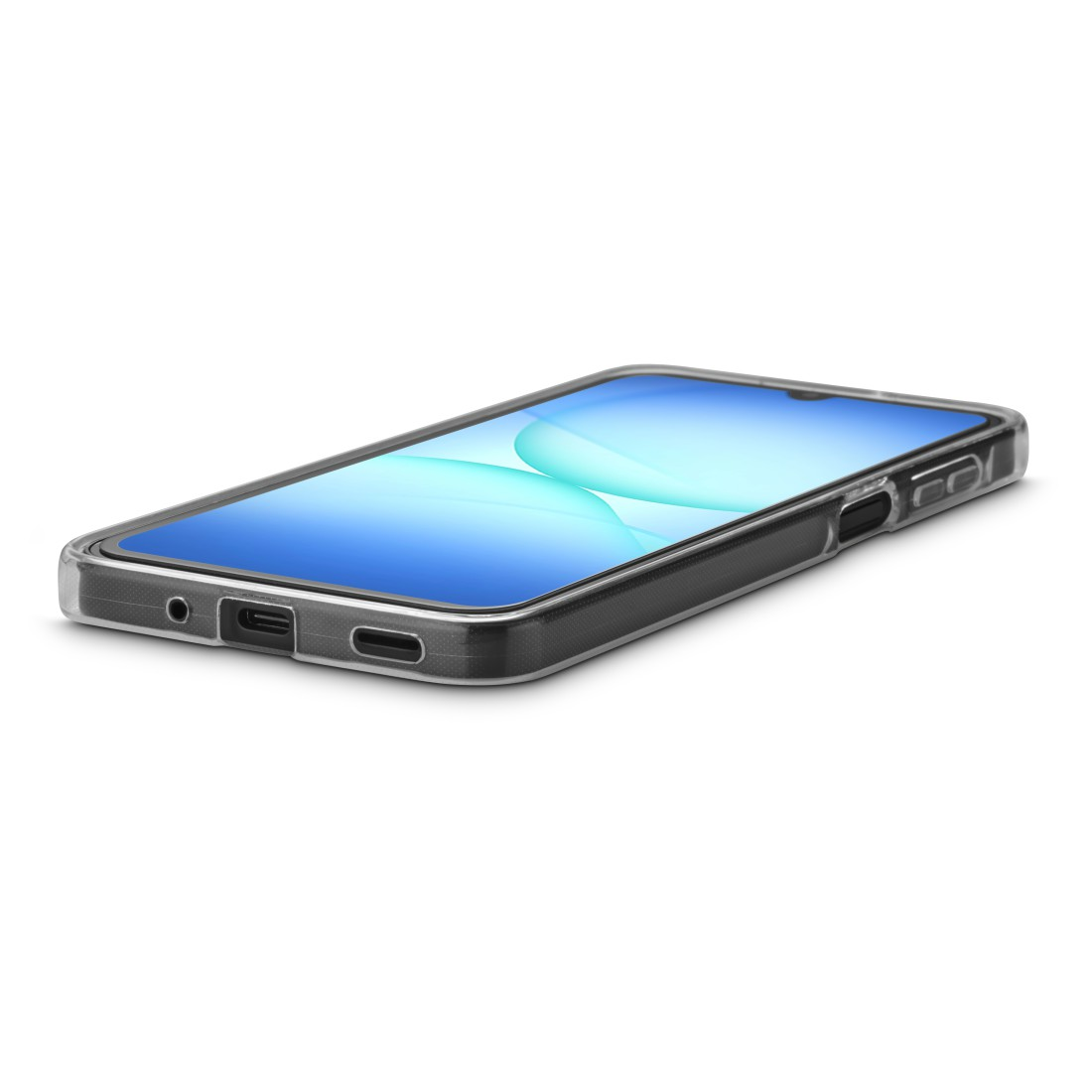 Ein Smartphone mit durchsichtiger Hülle, das ein blau-weißes abstraktes Bild zeigt. Das Telefon ist leicht vor weißem Hintergrund angewinkelt.