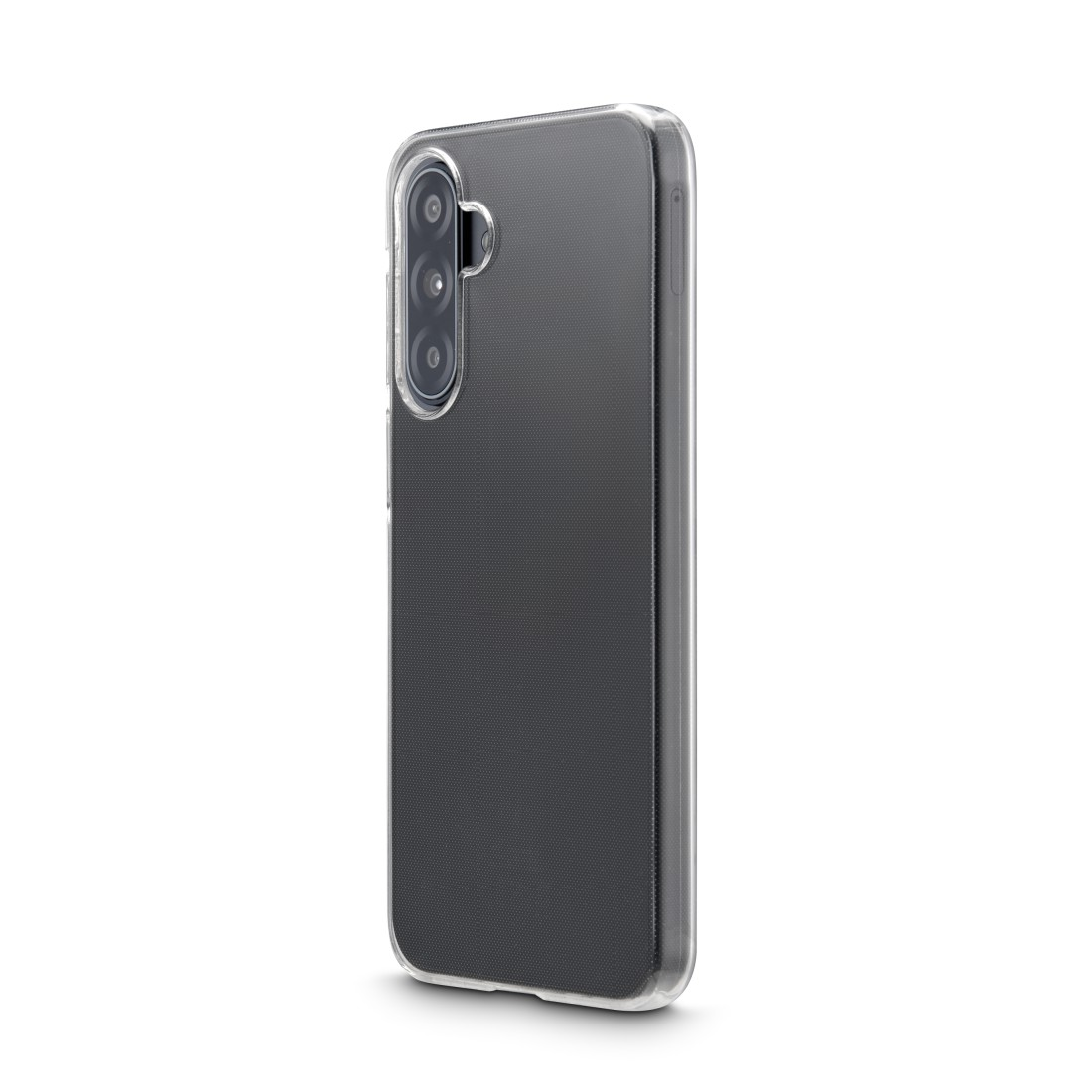 Ein Smartphone in einer transparenten Hülle, abgewinkelt, um die Kamera und die Rückseite zu zeigen. Die Hülle ist transparent, die Rückseite ist dunkelgrau.
